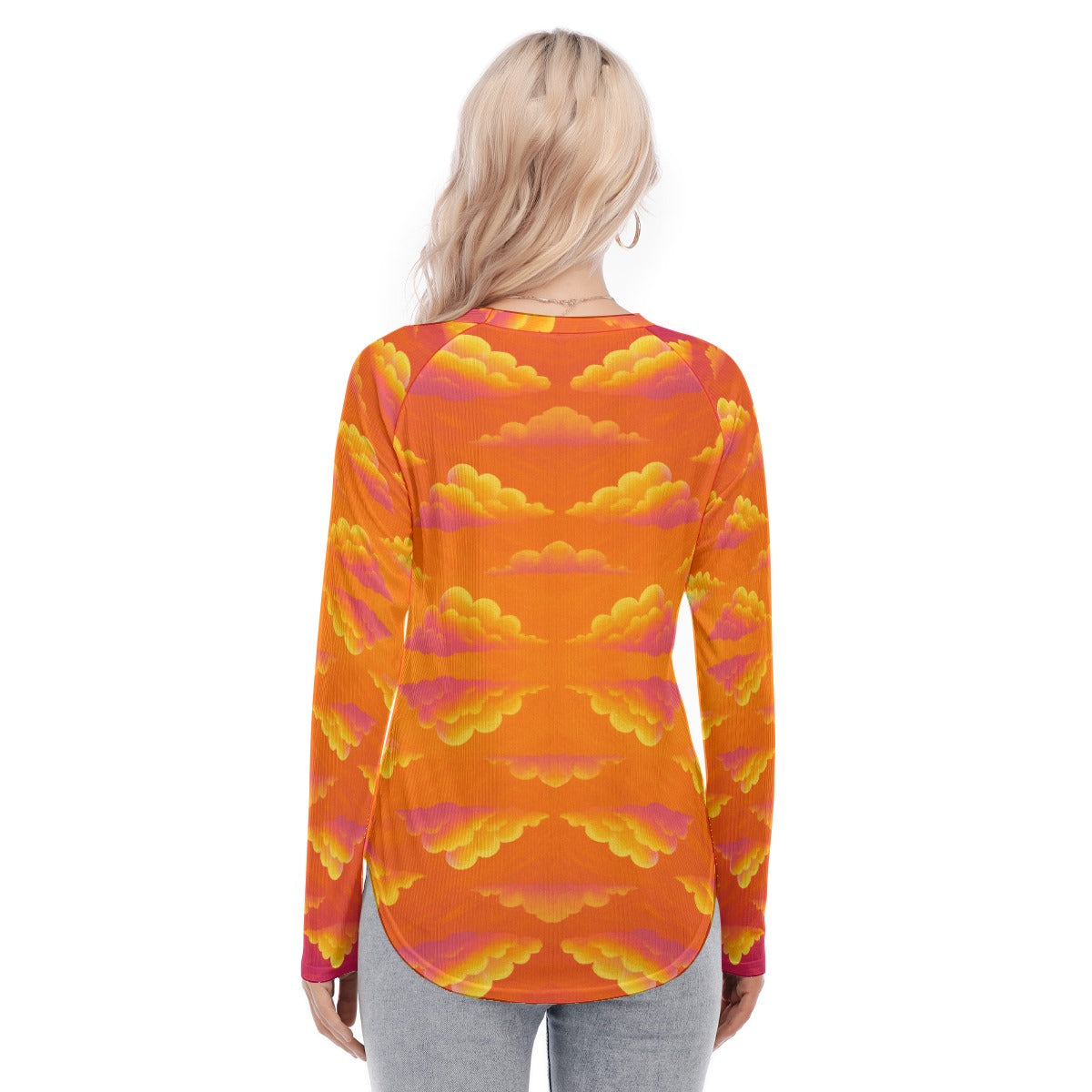 Women's Raglan Sleeves U-Shaped Hem Long Sleeves Blouse