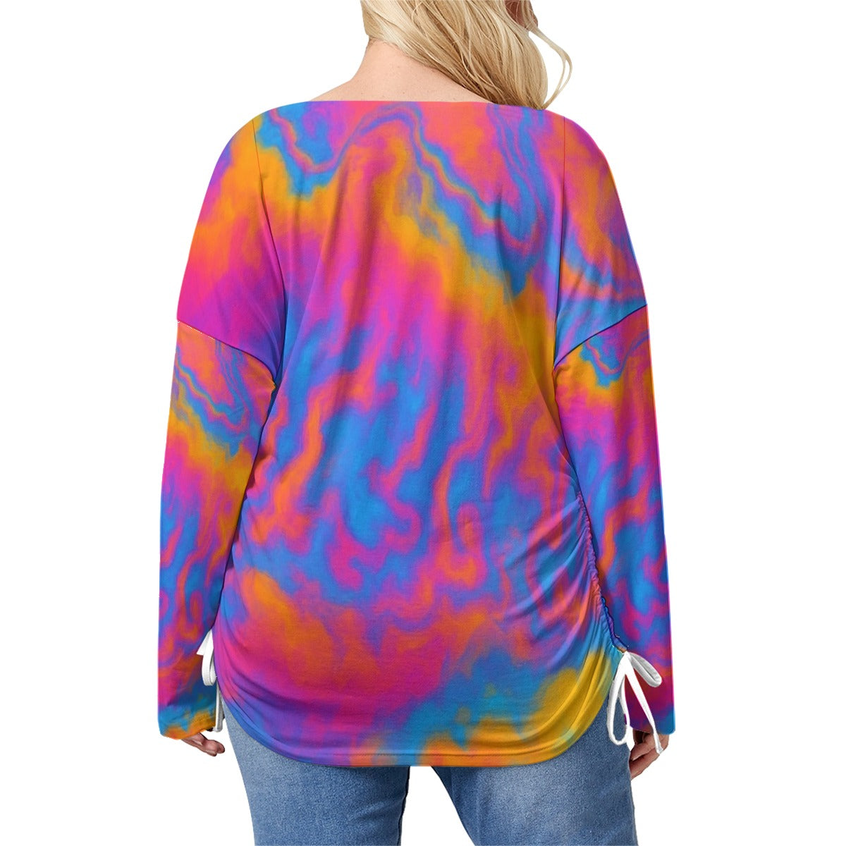 Unisex Women’s V-neck T-shirt With Side Drawstring(Plus Size)