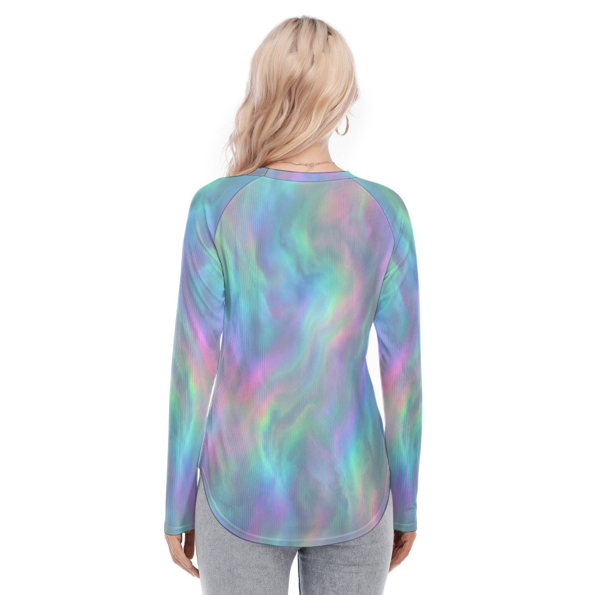 Women's Raglan Sleeves U-Shaped Hem Long Sleeves Blouse