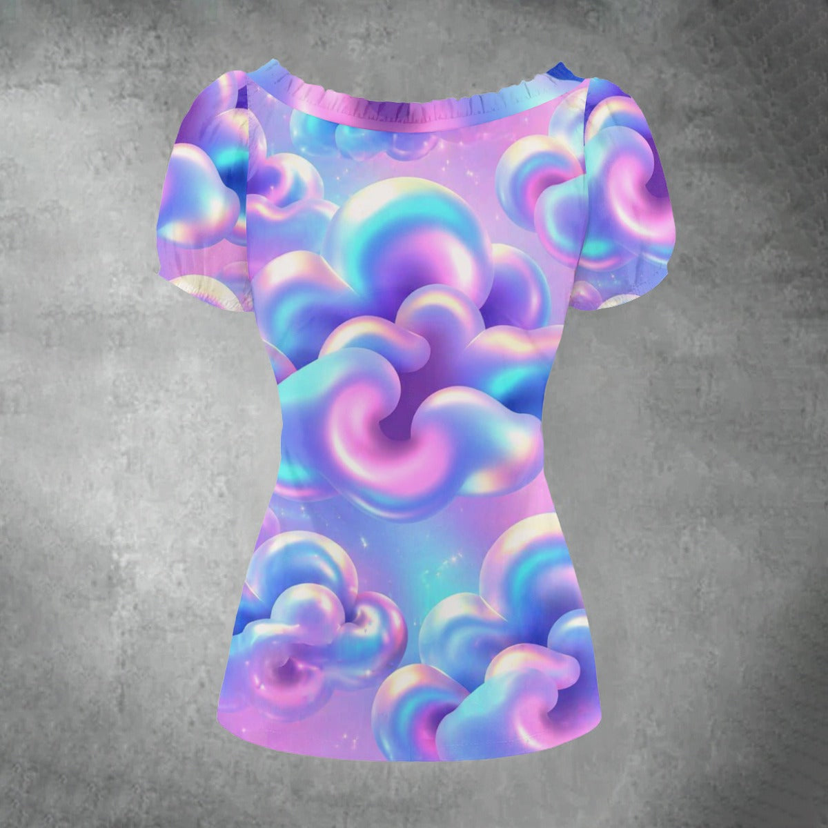 All-over print Women's Puff Sleeve Pleated Shirt