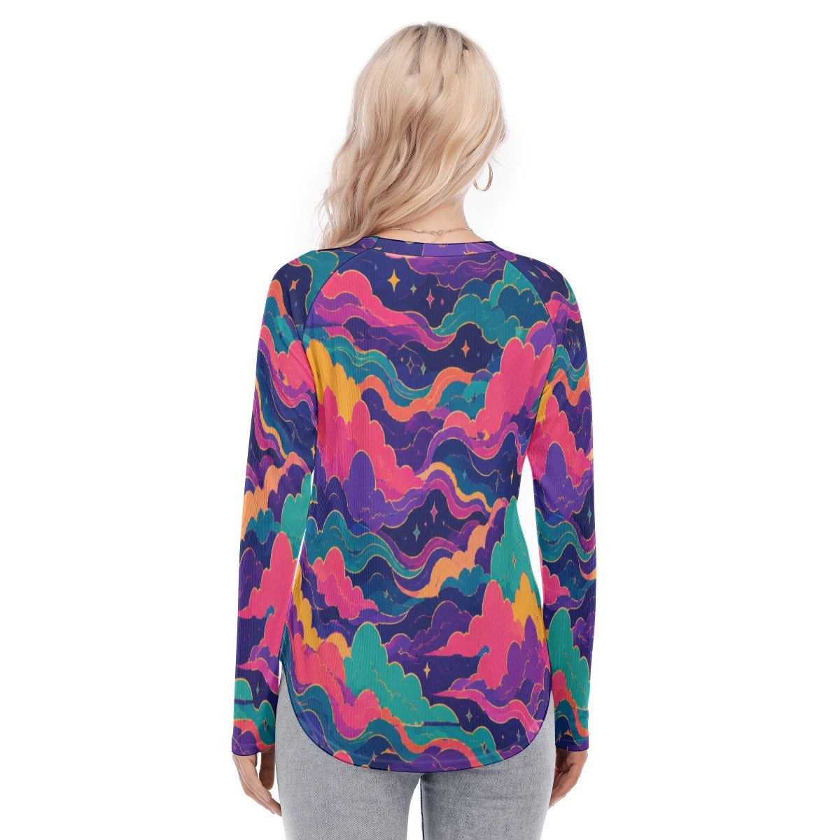 Women's Raglan Sleeves U-Shaped Hem Long Sleeves Blouse
