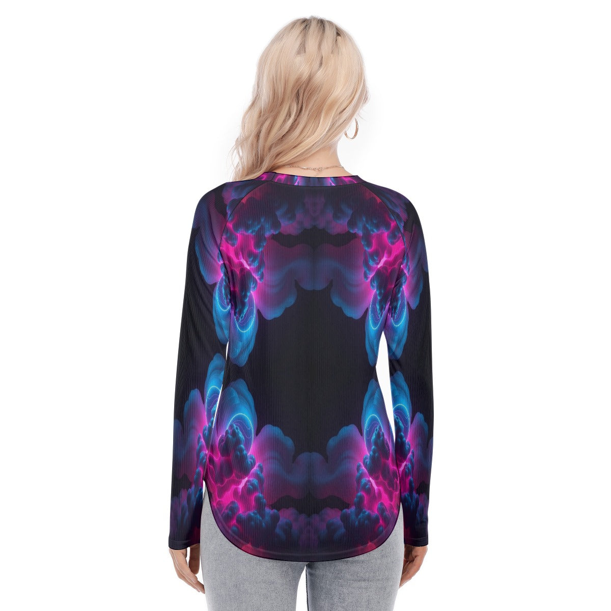 Women's Raglan Sleeves U-Shaped Hem Long Sleeves Blouse