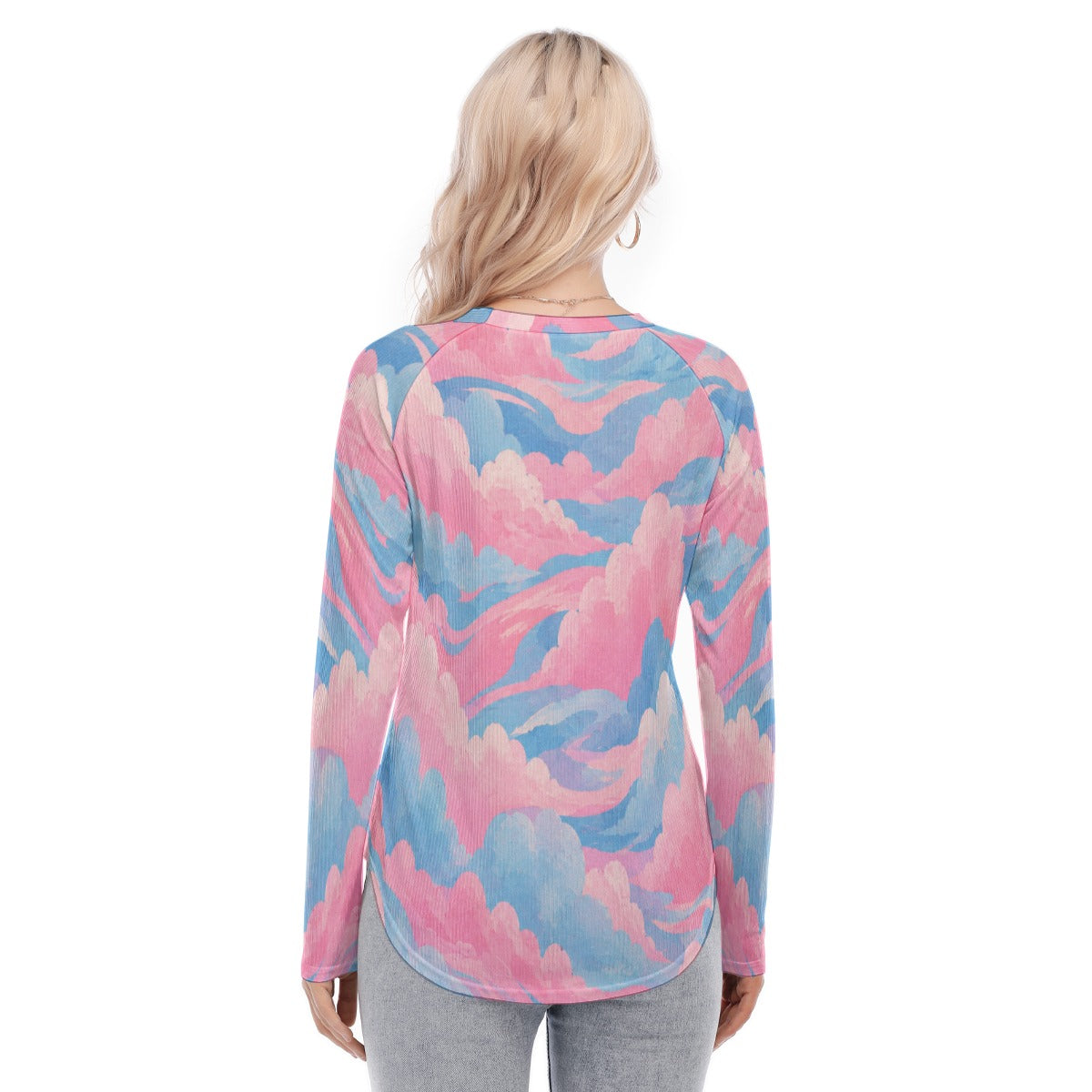 Women's Raglan Sleeves U-Shaped Hem Long Sleeves Blouse