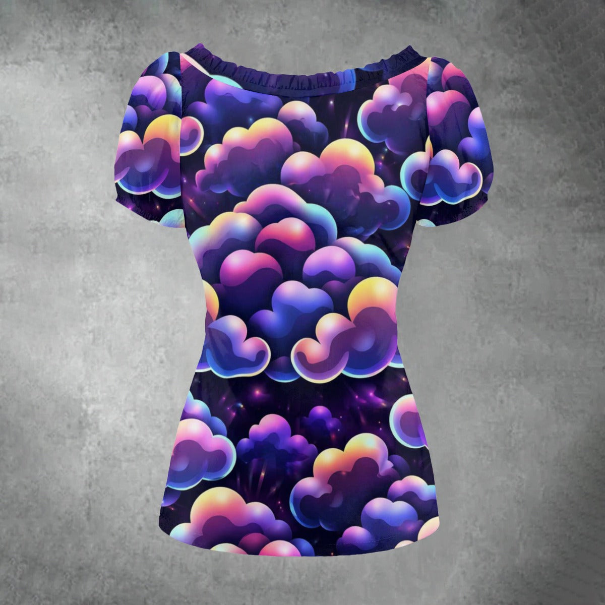 All-over print Women's Puff Sleeve Pleated Shirt