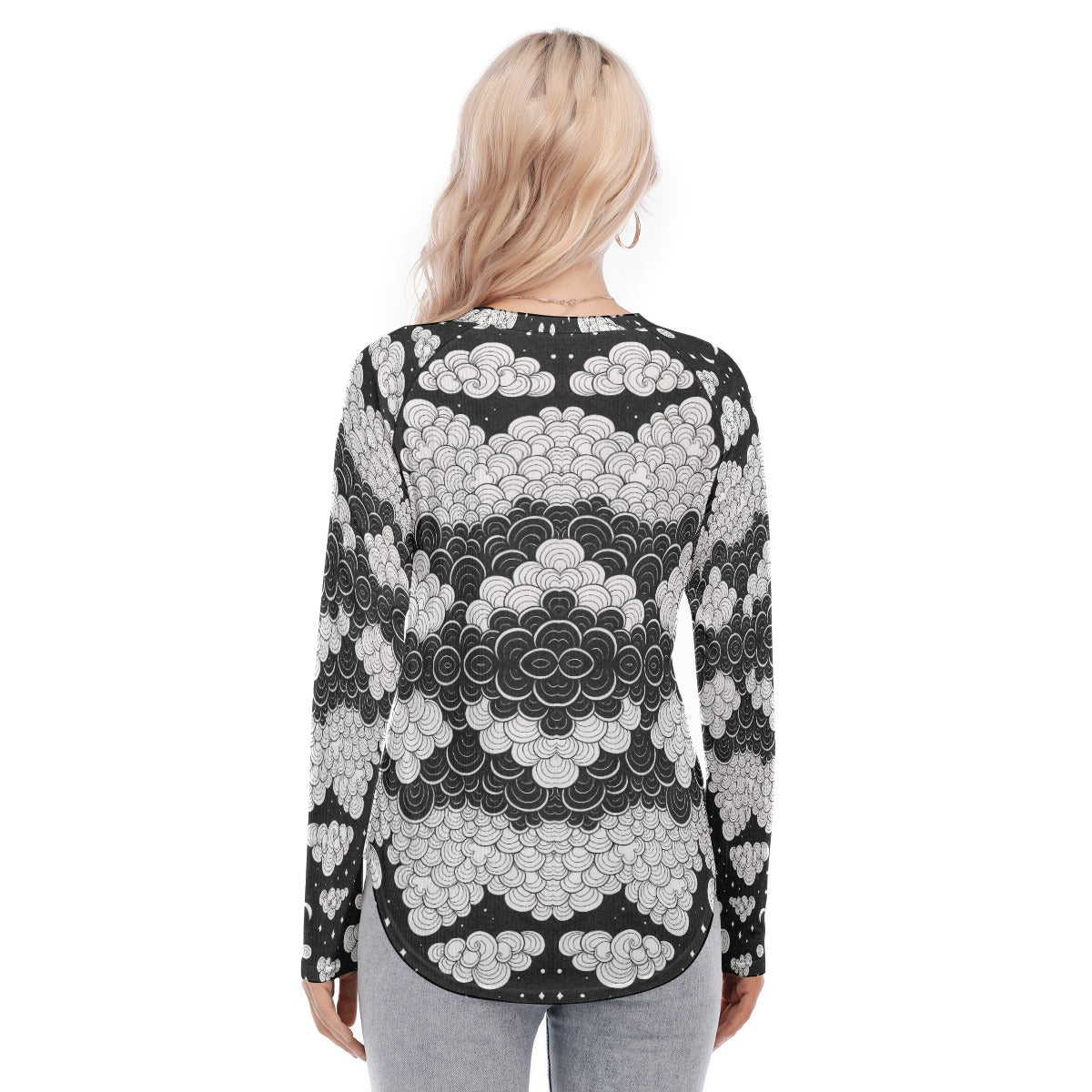 Women's Raglan Sleeves U-Shaped Hem Long Sleeves Blouse