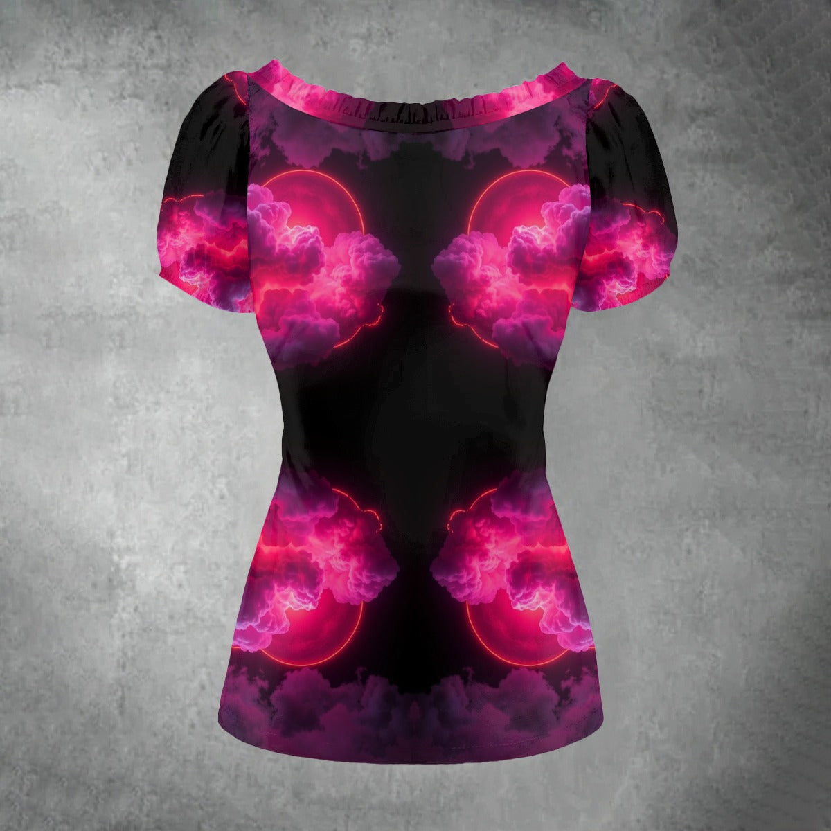 All-over print Women's Puff Sleeve Pleated Shirt