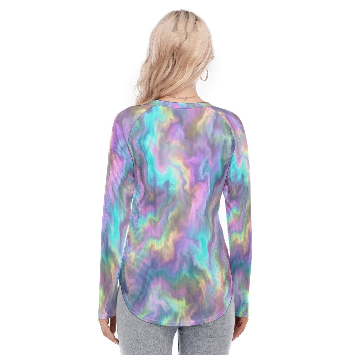 Women's Raglan Sleeves U-Shaped Hem Long Sleeves Blouse