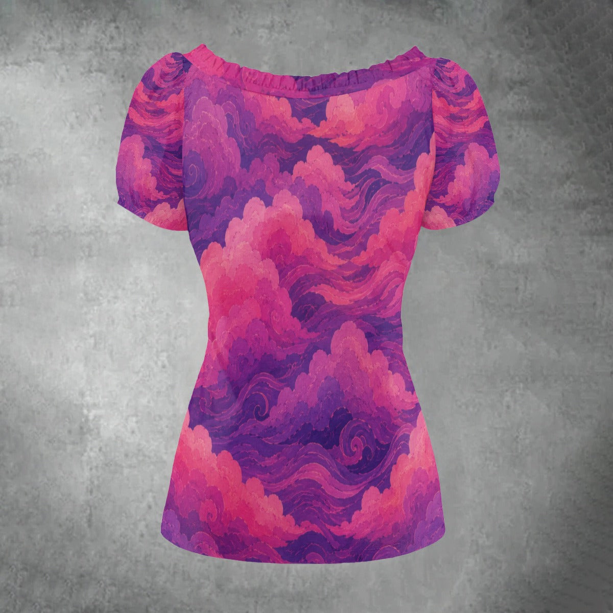 All-over print Women's Puff Sleeve Pleated Shirt