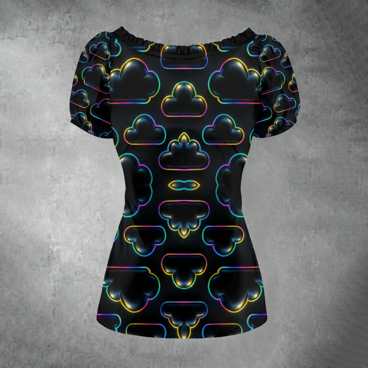 All-over print Women's Puff Sleeve Pleated Shirt