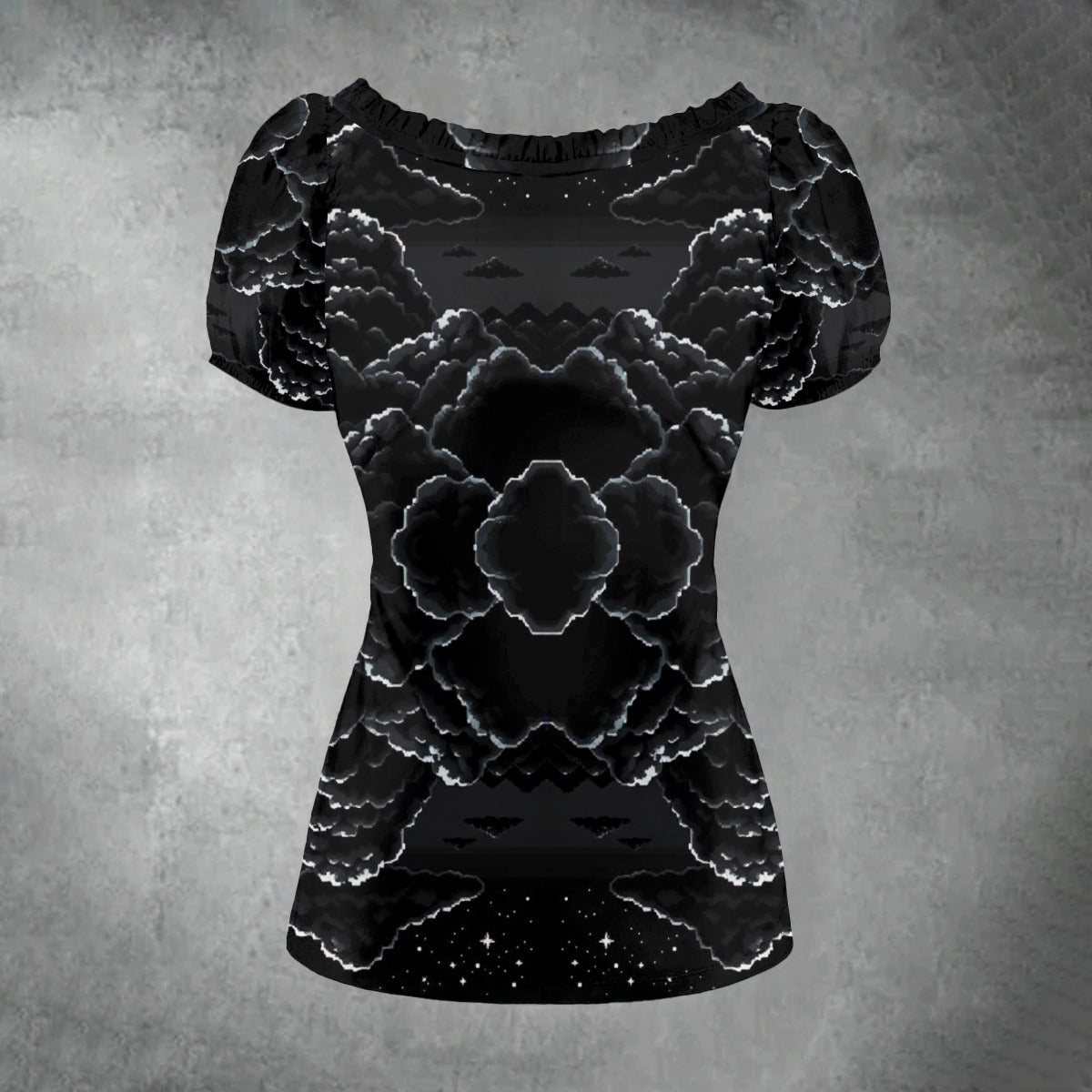 All-over print Women's Puff Sleeve Pleated Shirt