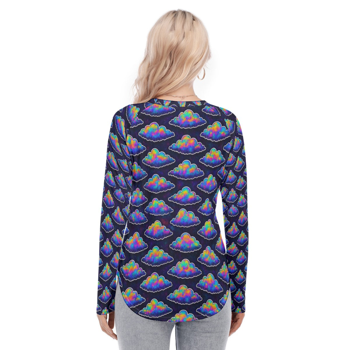 Women's Raglan Sleeves U-Shaped Hem Long Sleeves Blouse