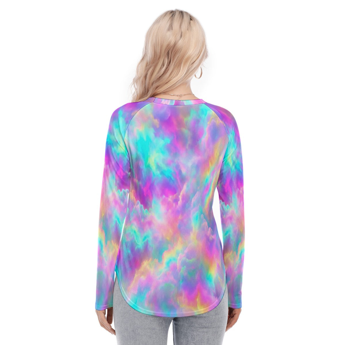 Women's Raglan Sleeves U-Shaped Hem Long Sleeves Blouse