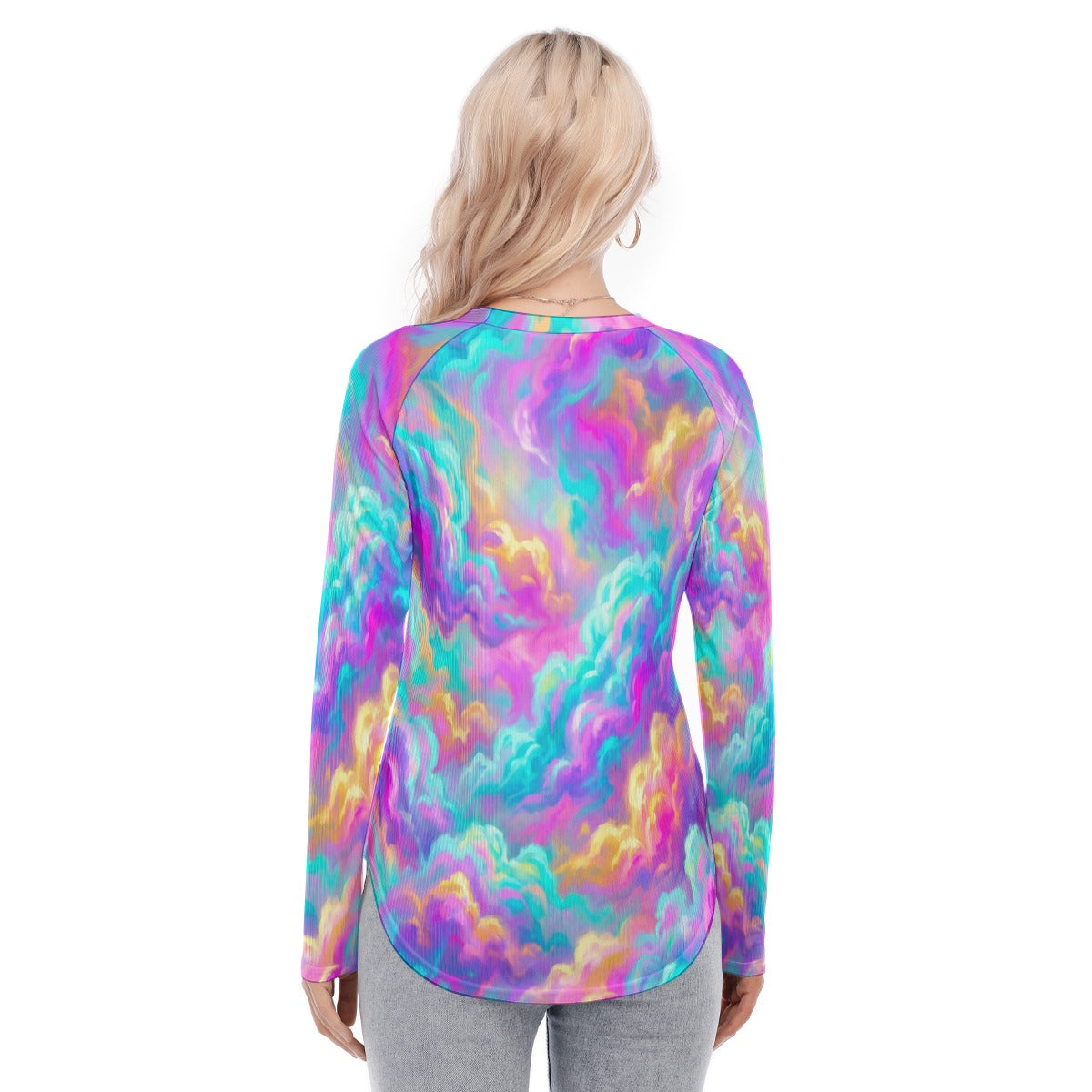 Women's Raglan Sleeves U-Shaped Hem Long Sleeves Blouse