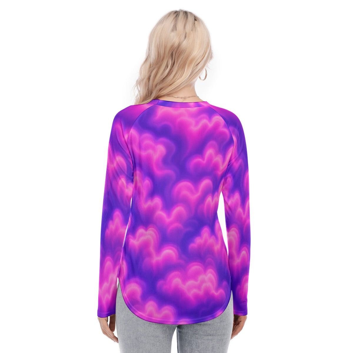 Women's Raglan Sleeves U-Shaped Hem Long Sleeves Blouse