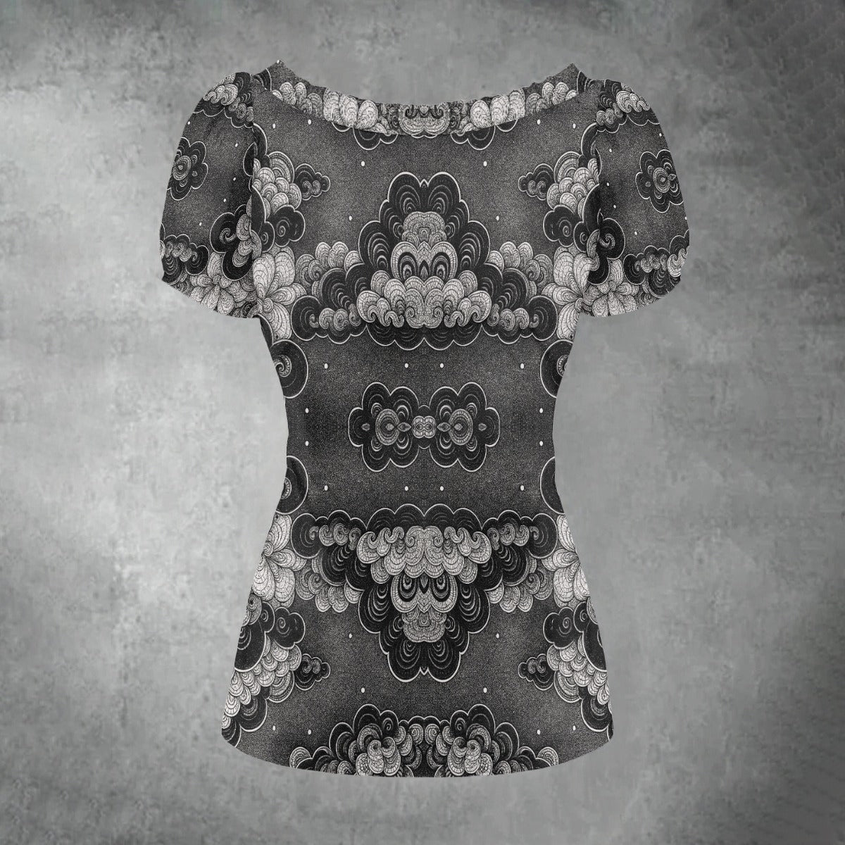 All-over print Women's Puff Sleeve Pleated Shirt