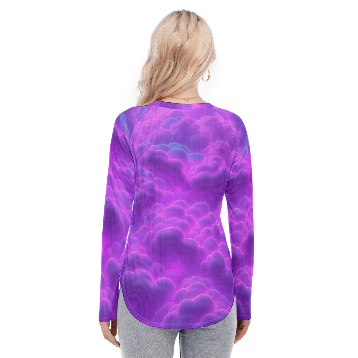 Women's Raglan Sleeves U-Shaped Hem Long Sleeves Blouse