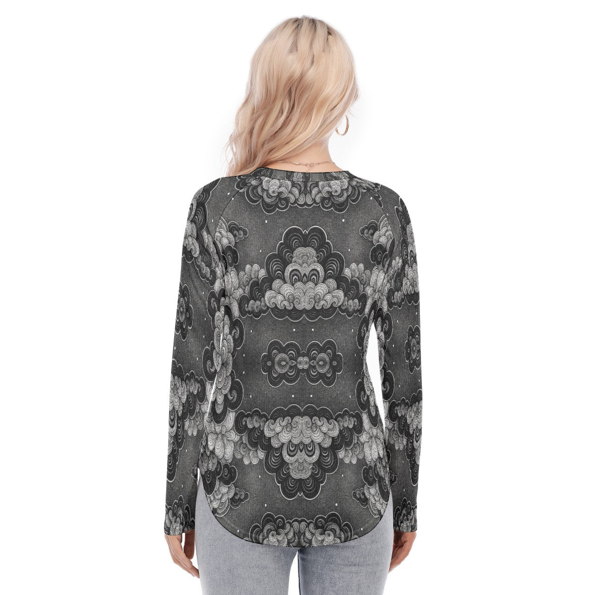 Women's Raglan Sleeves U-Shaped Hem Long Sleeves Blouse