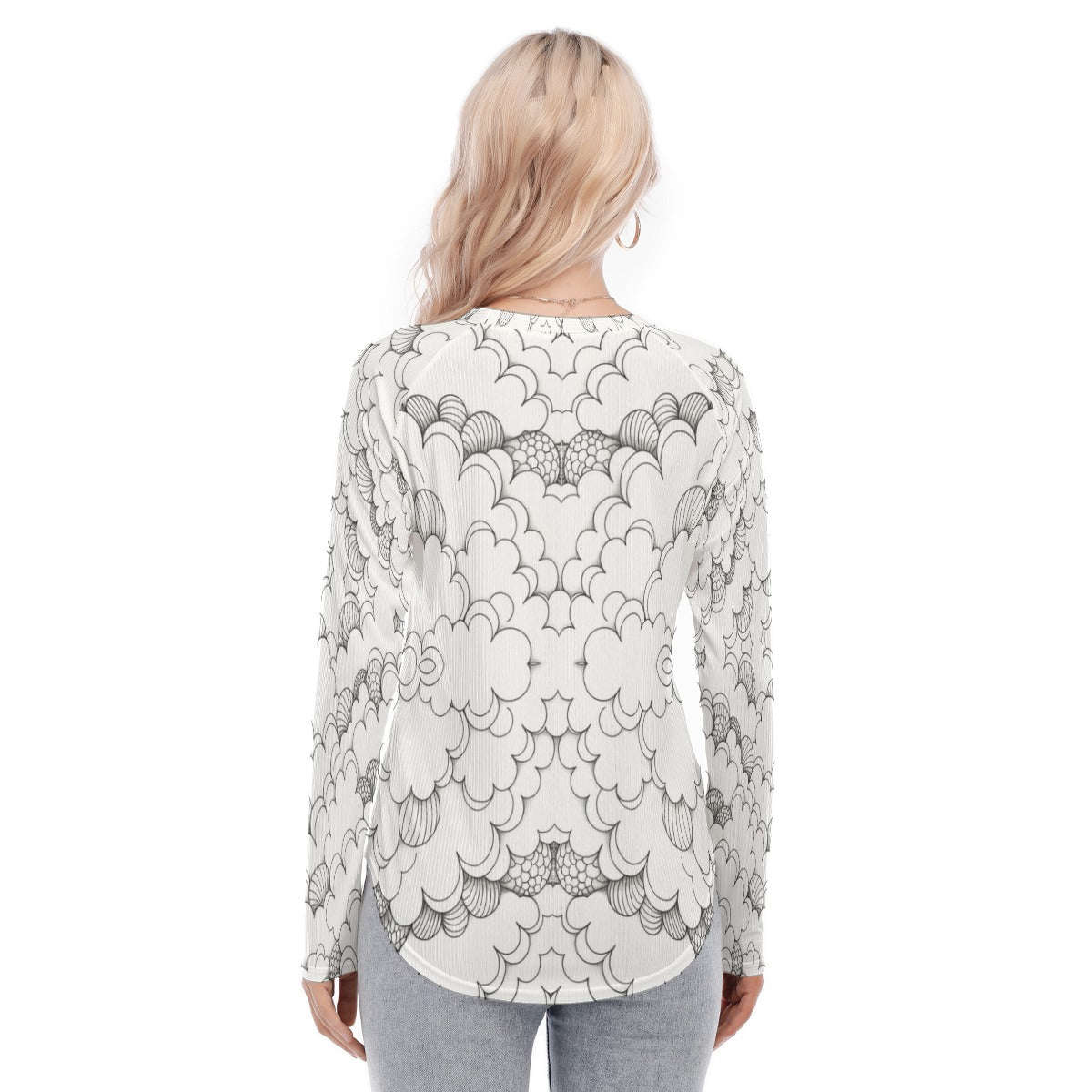 Women's Raglan Sleeves U-Shaped Hem Long Sleeves Blouse
