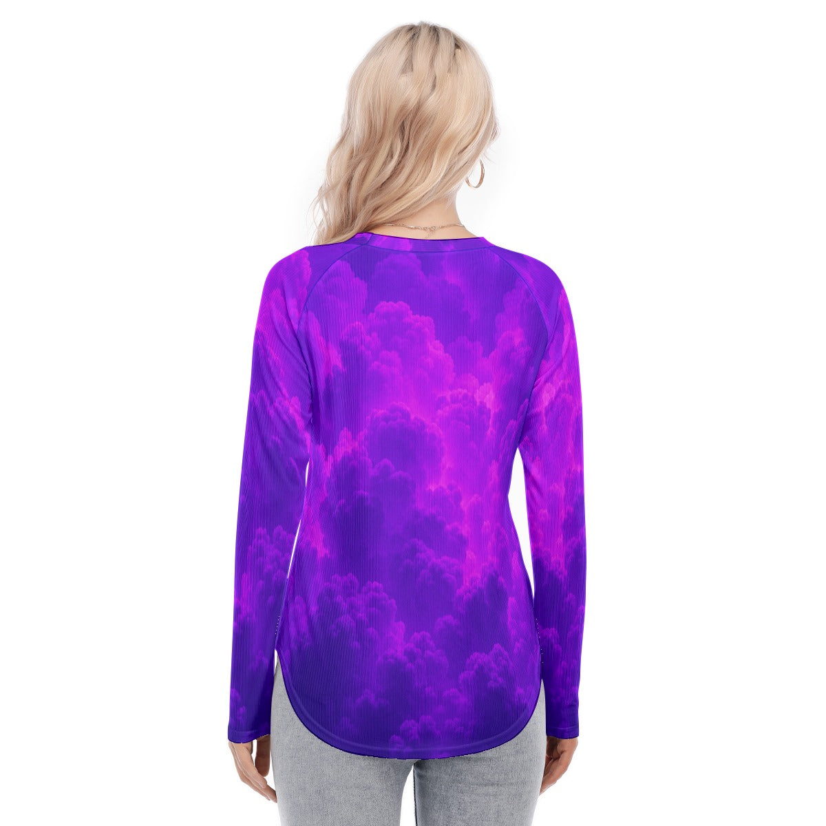 Women's Raglan Sleeves U-Shaped Hem Long Sleeves Blouse