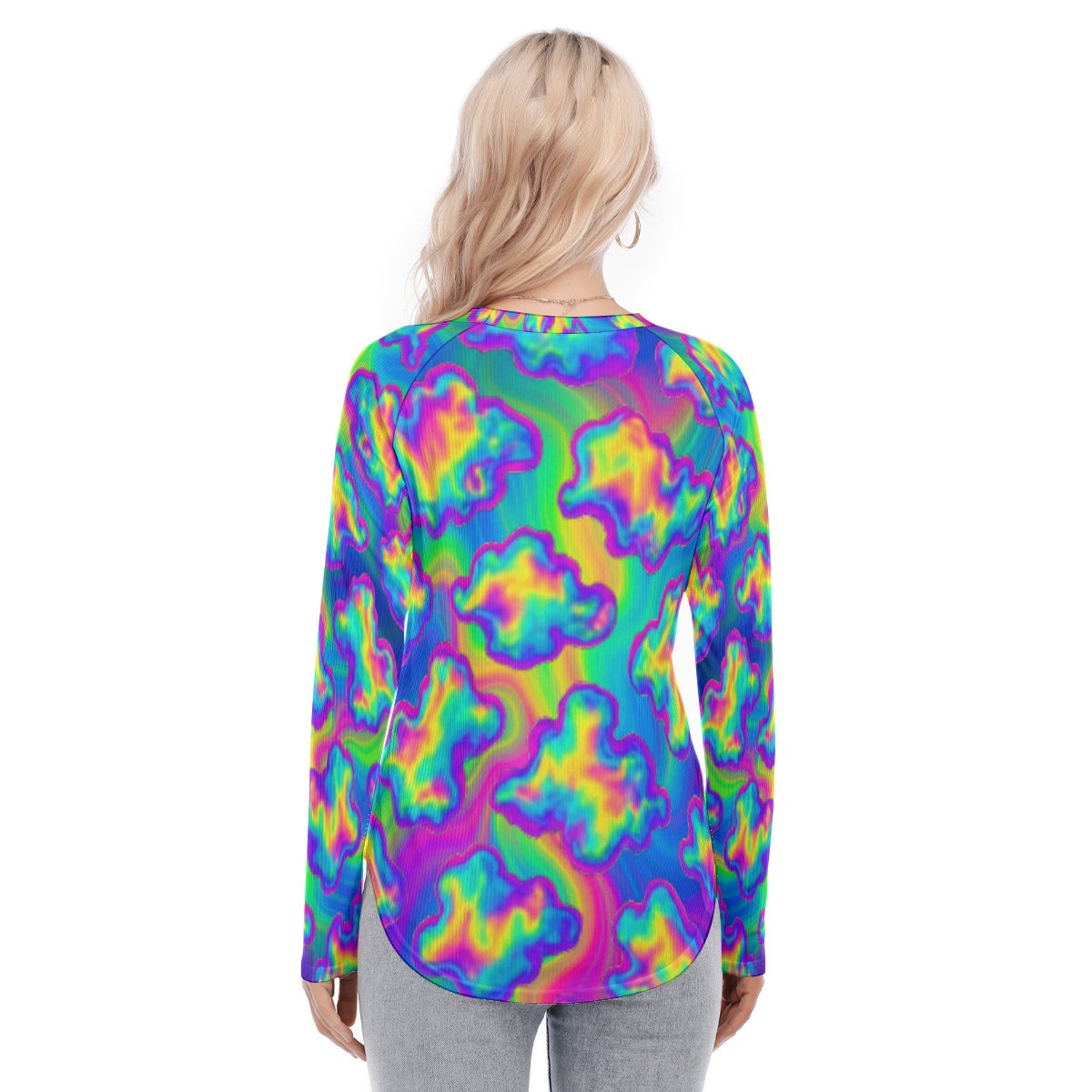 Women's Raglan Sleeves U-Shaped Hem Long Sleeves Blouse