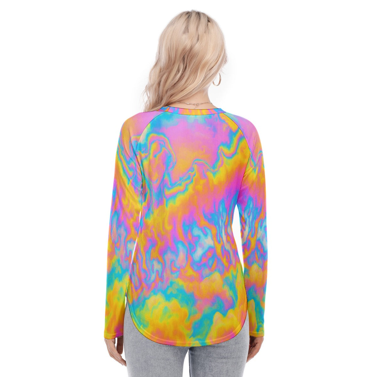 Women's Raglan Sleeves U-Shaped Hem Long Sleeves Blouse