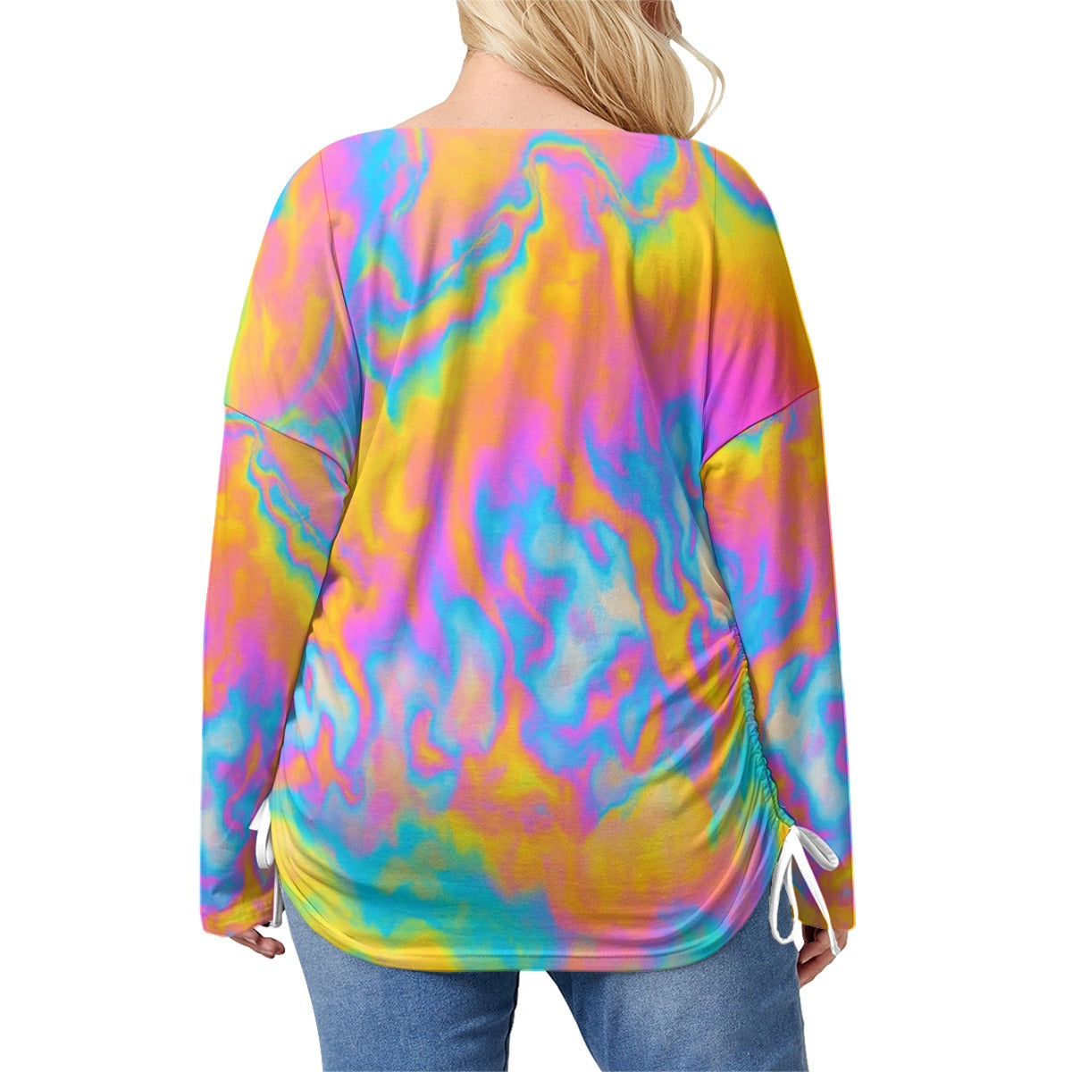 Unisex Women’s V-neck T-shirt With Side Drawstring(Plus Size)