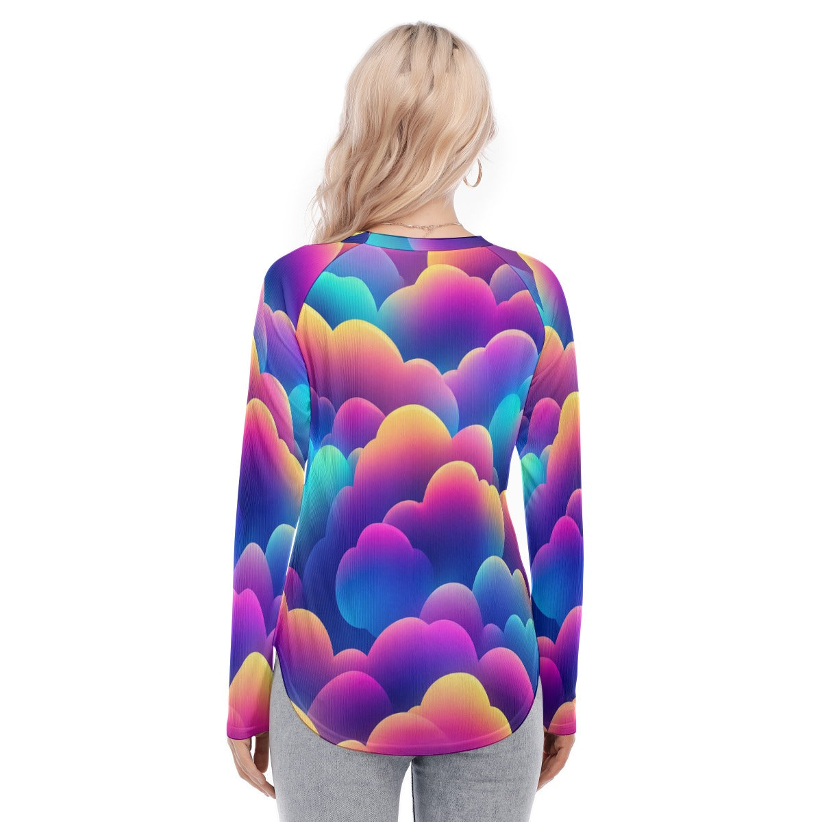 Women's Raglan Sleeves U-Shaped Hem Long Sleeves Blouse