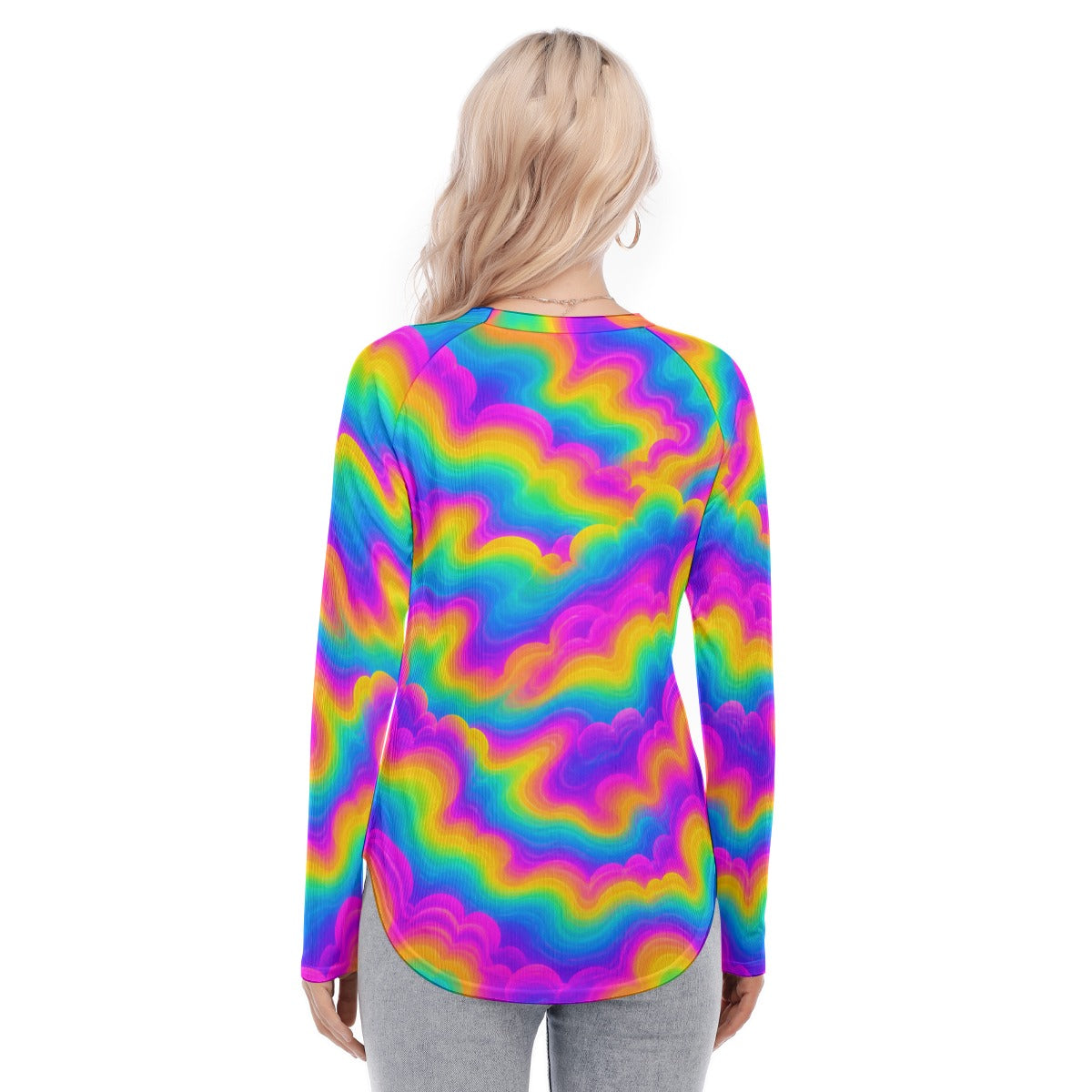 Women's Raglan Sleeves U-Shaped Hem Long Sleeves Blouse