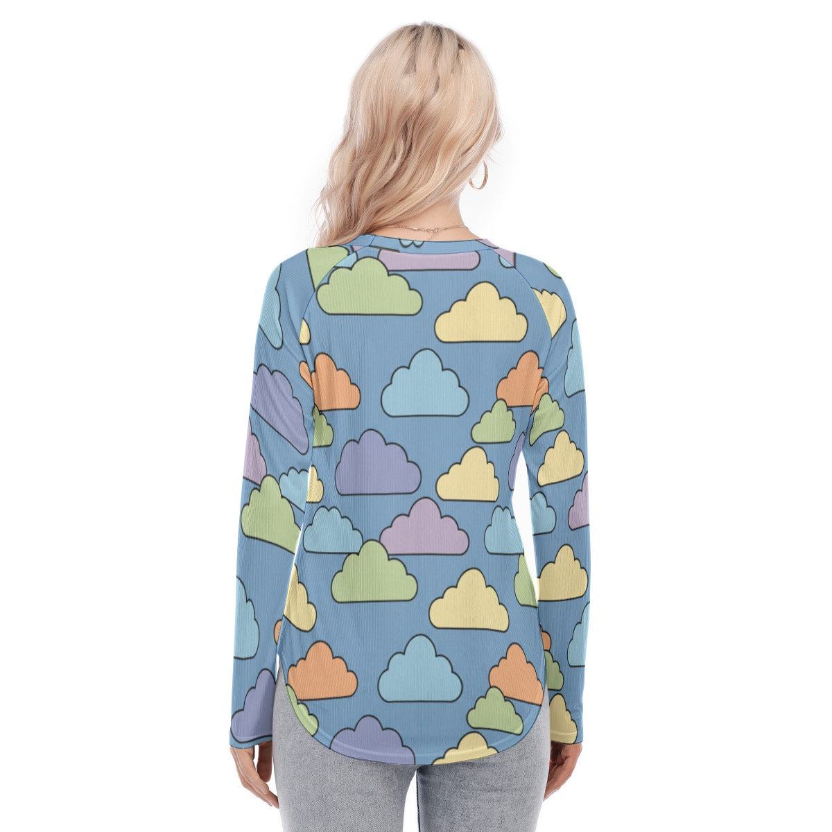 Women's Raglan Sleeves U-Shaped Hem Long Sleeves Blouse