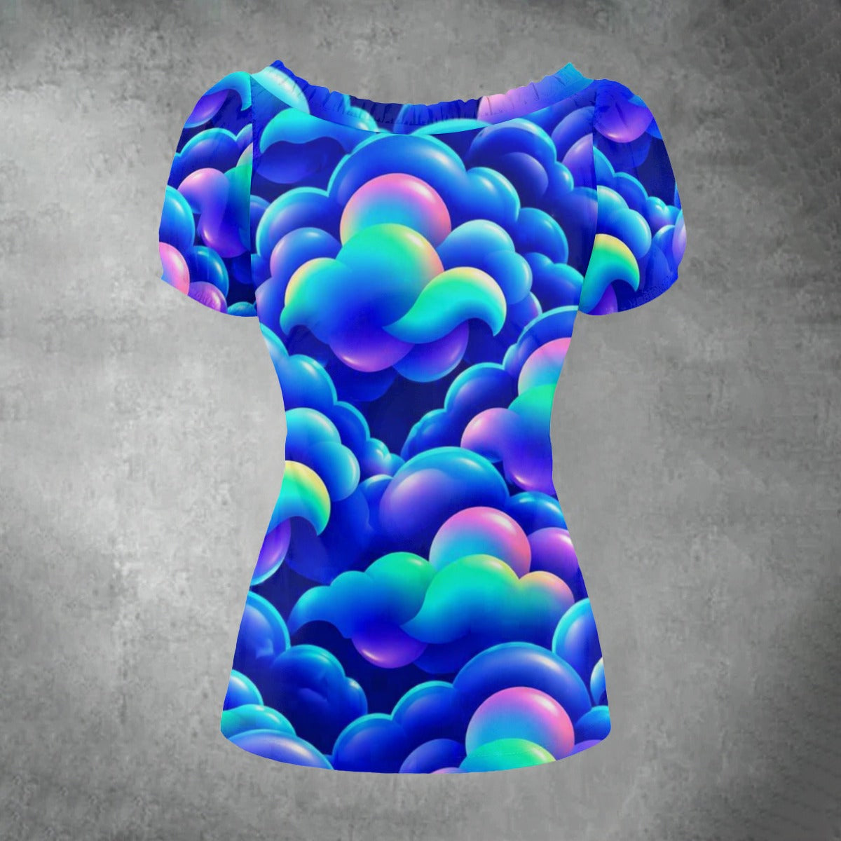 All-over print Women's Puff Sleeve Pleated Shirt