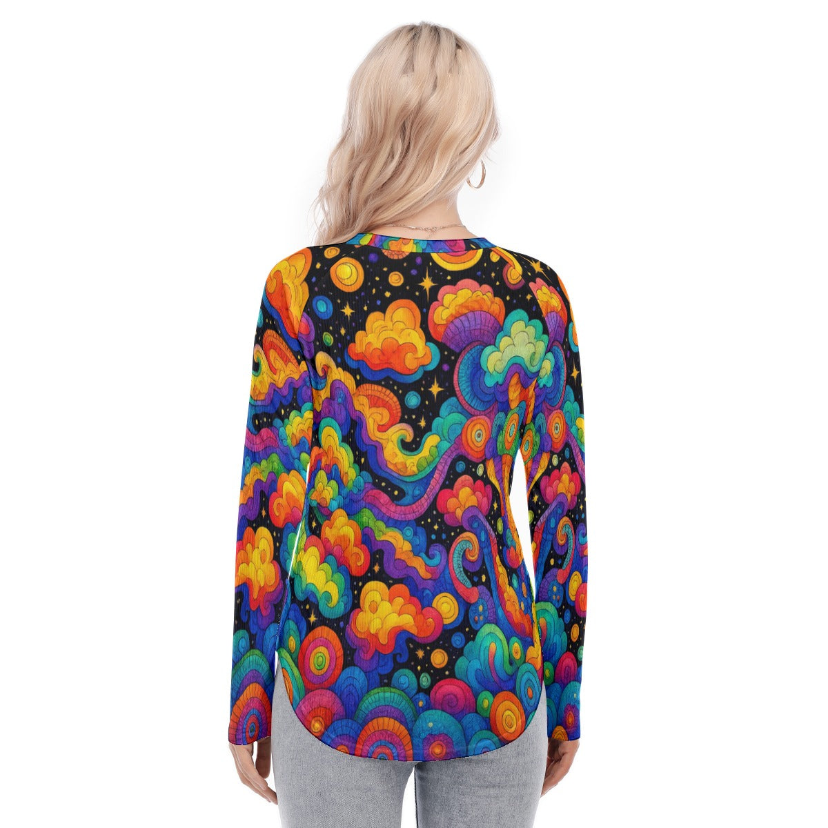 Women's Raglan Sleeves U-Shaped Hem Long Sleeves Blouse