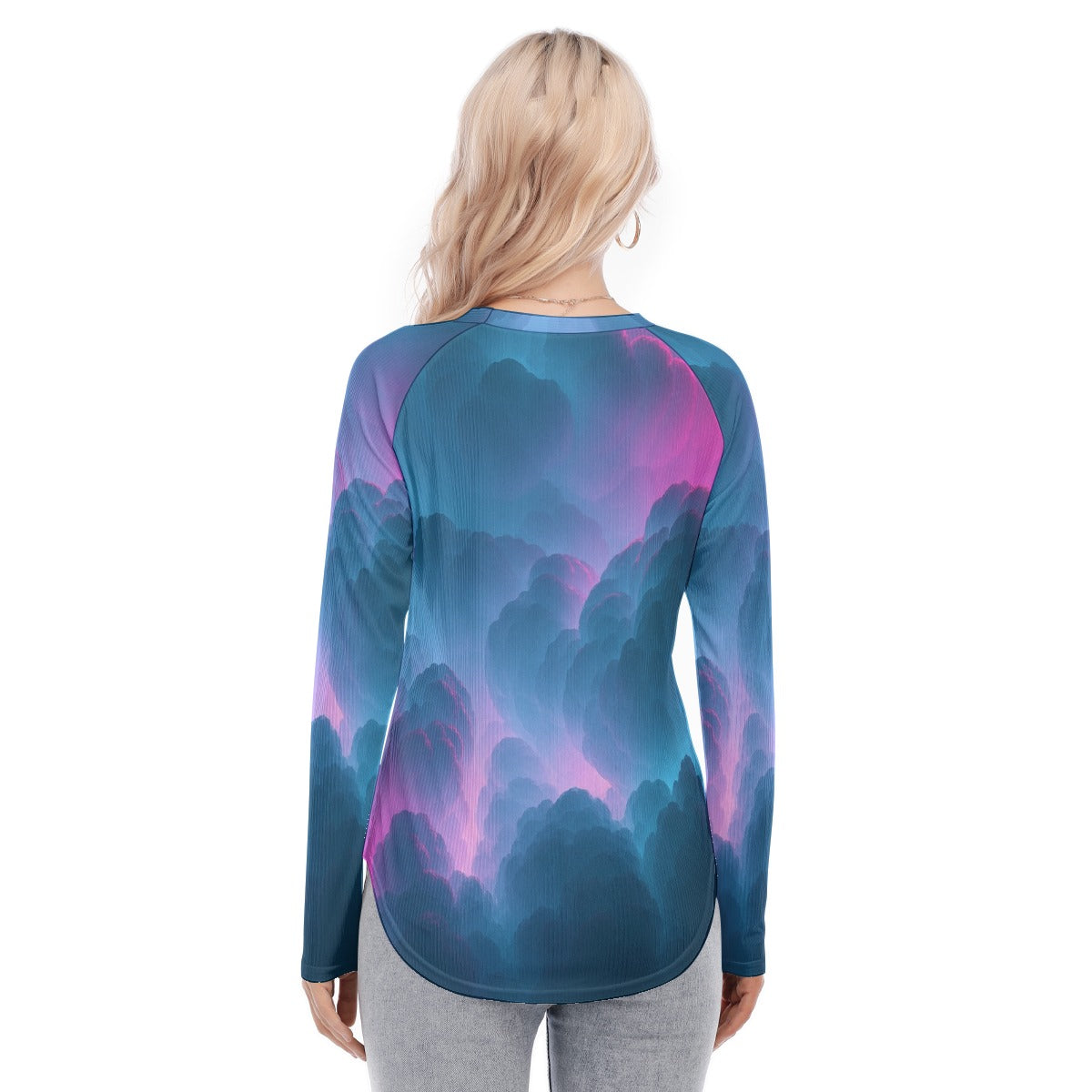 Women's Raglan Sleeves U-Shaped Hem Long Sleeves Blouse