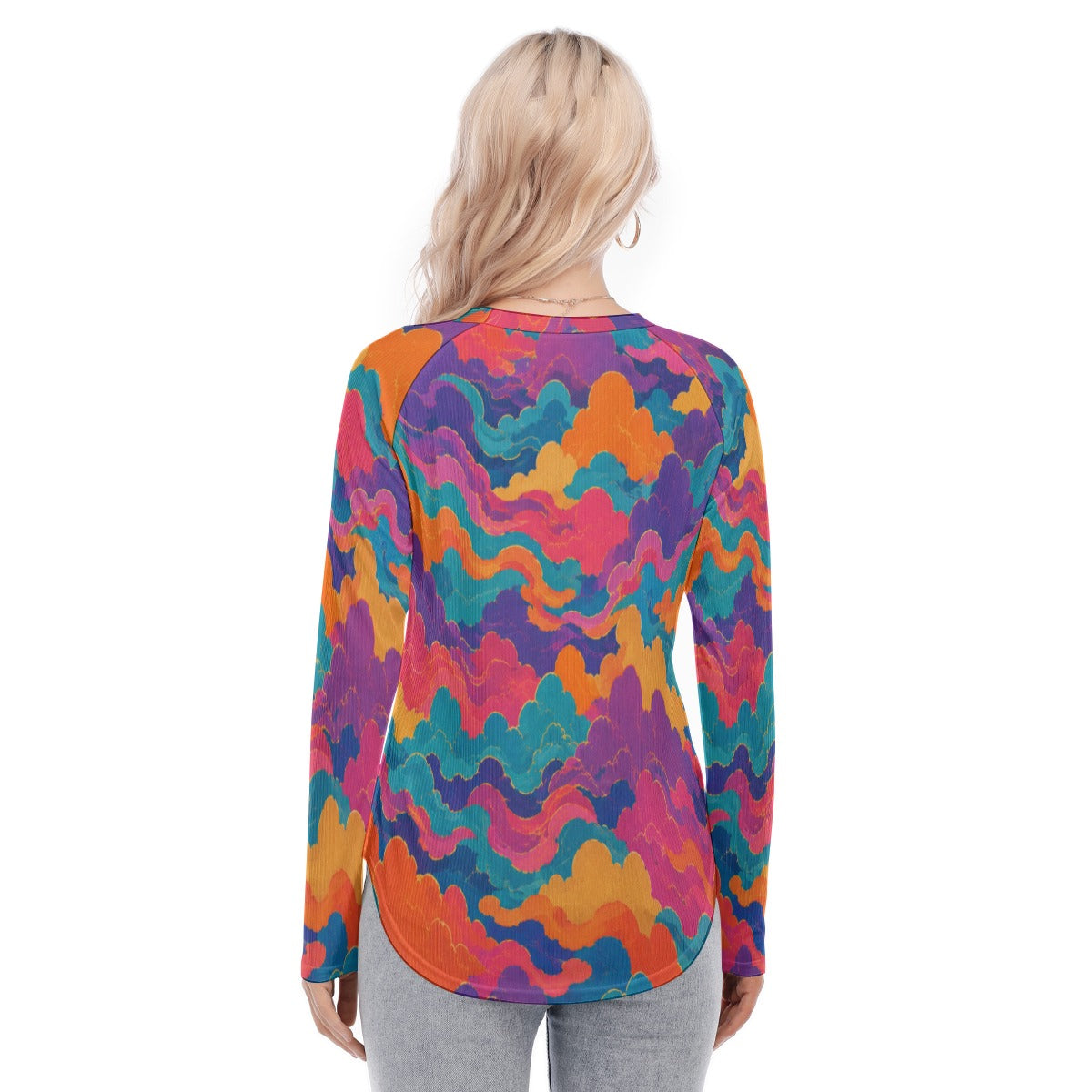 Women's Raglan Sleeves U-Shaped Hem Long Sleeves Blouse