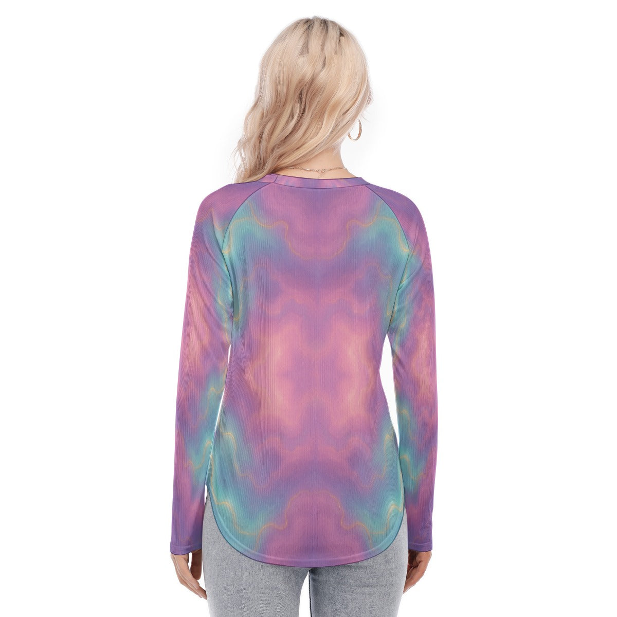 Women's Raglan Sleeves U-Shaped Hem Long Sleeves Blouse