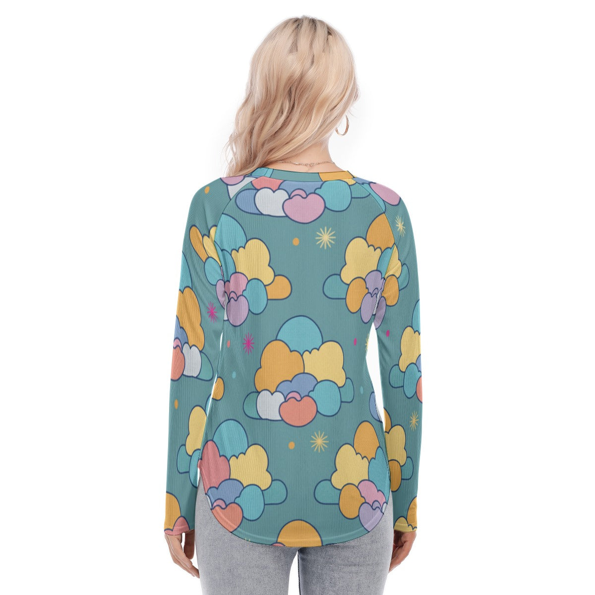 Women's Raglan Sleeves U-Shaped Hem Long Sleeves Blouse