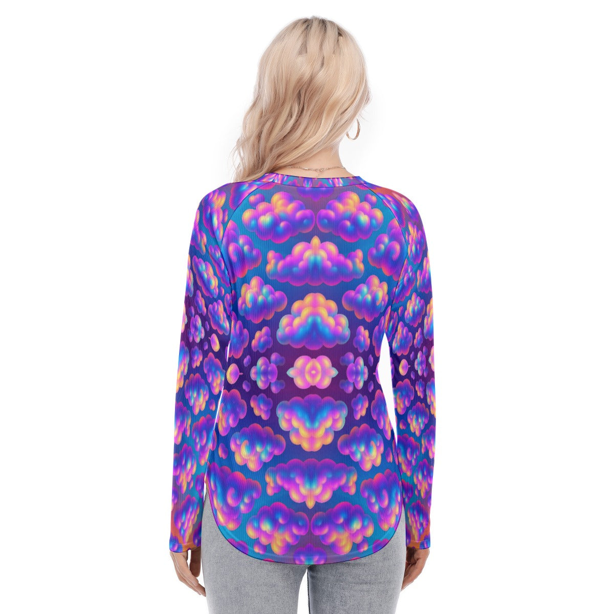 Women's Raglan Sleeves U-Shaped Hem Long Sleeves Blouse