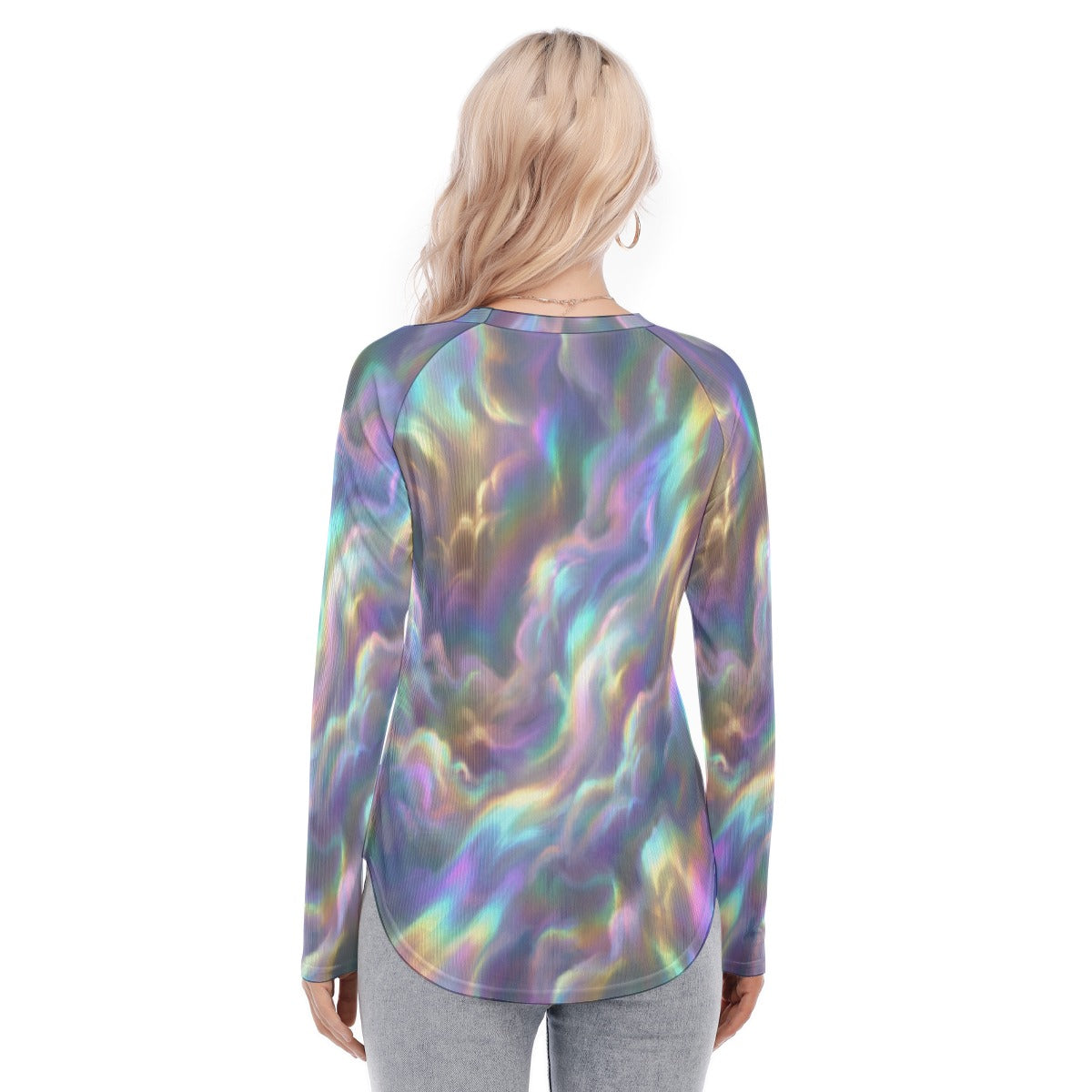 Women's Raglan Sleeves U-Shaped Hem Long Sleeves Blouse