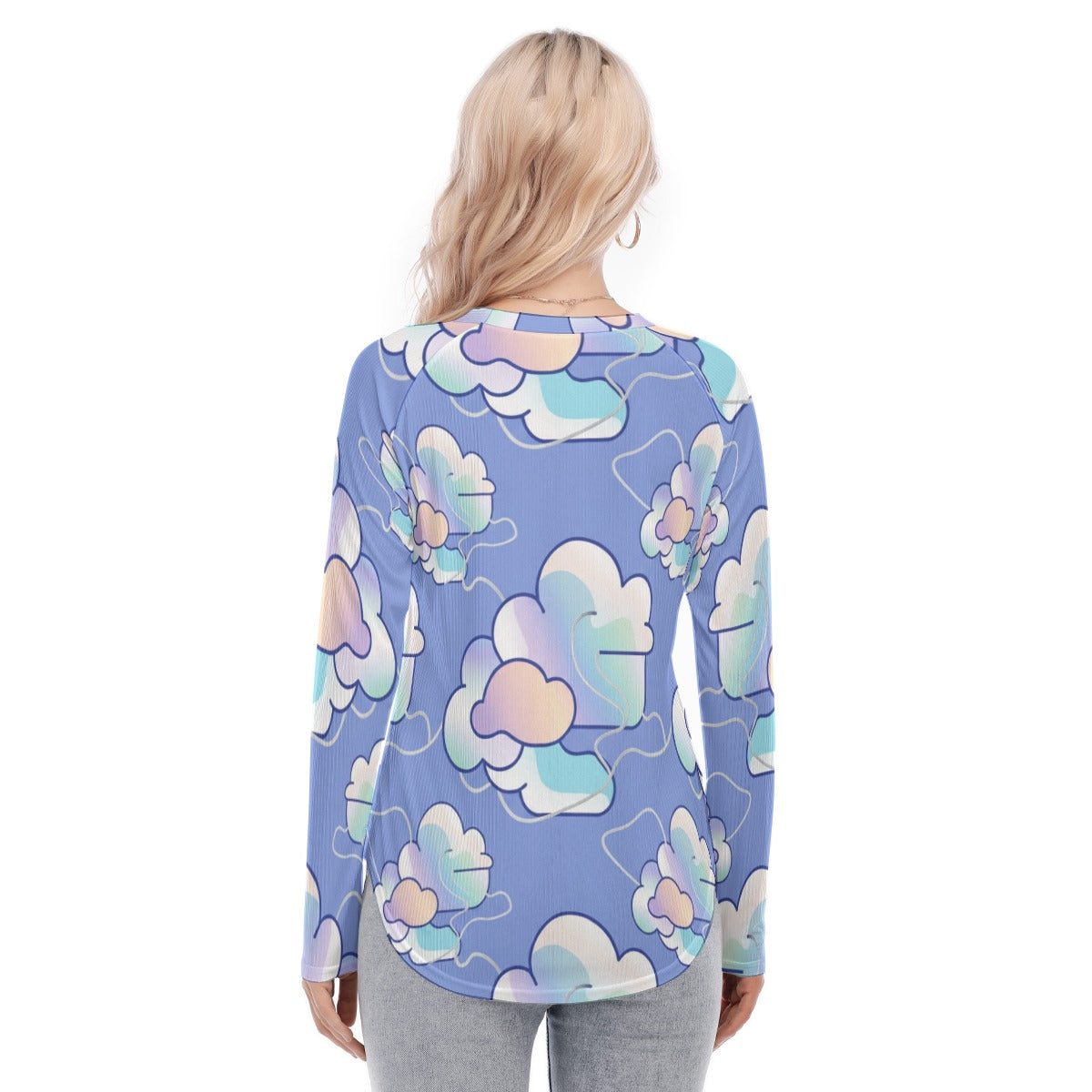 Women's Raglan Sleeves U-Shaped Hem Long Sleeves Blouse