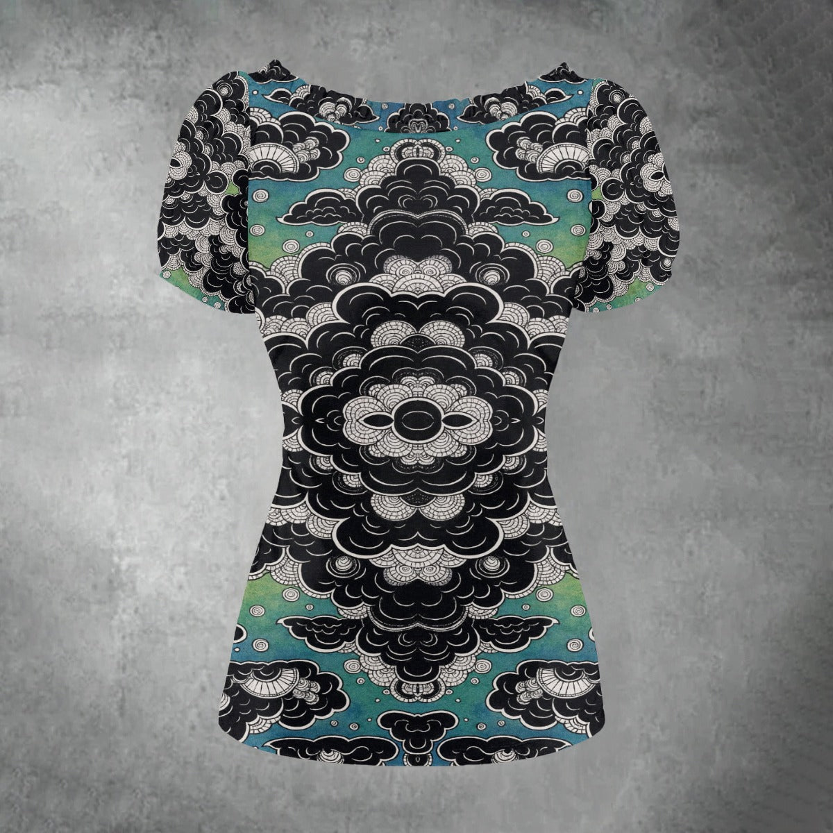 All-over print Women's Puff Sleeve Pleated Shirt