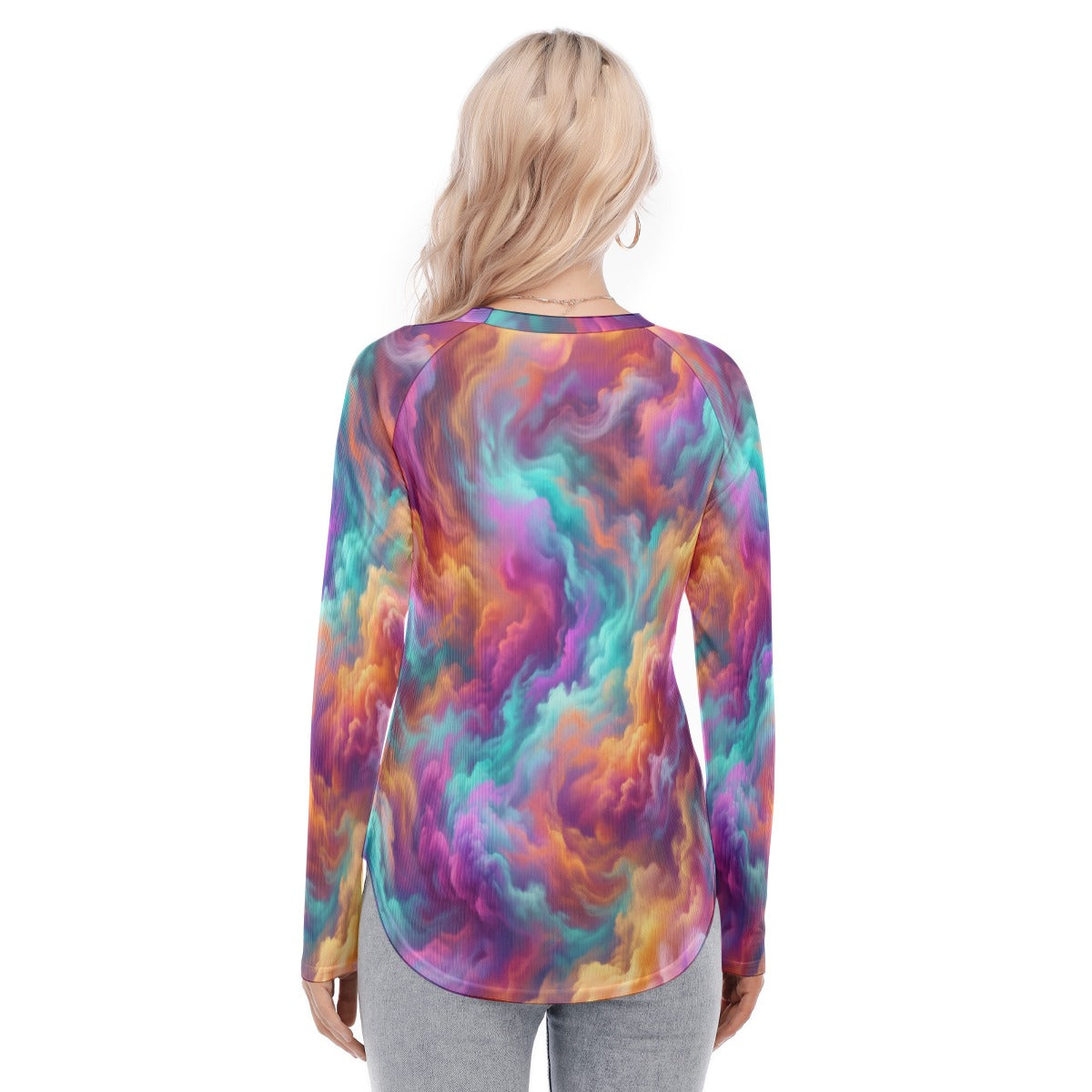 Women's Raglan Sleeves U-Shaped Hem Long Sleeves Blouse