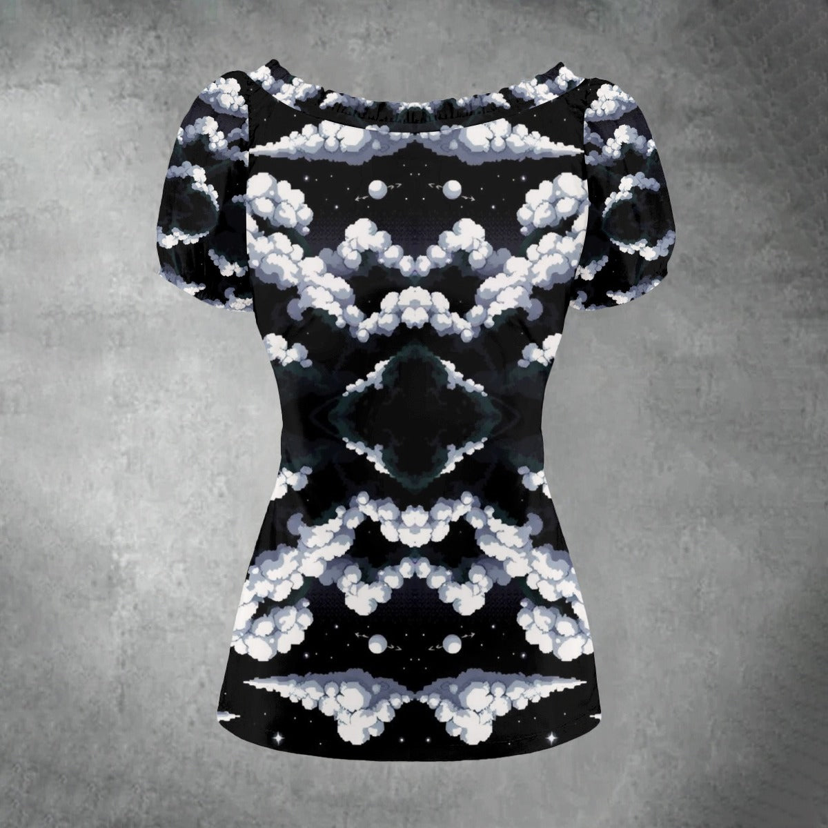 All-over print Women's Puff Sleeve Pleated Shirt