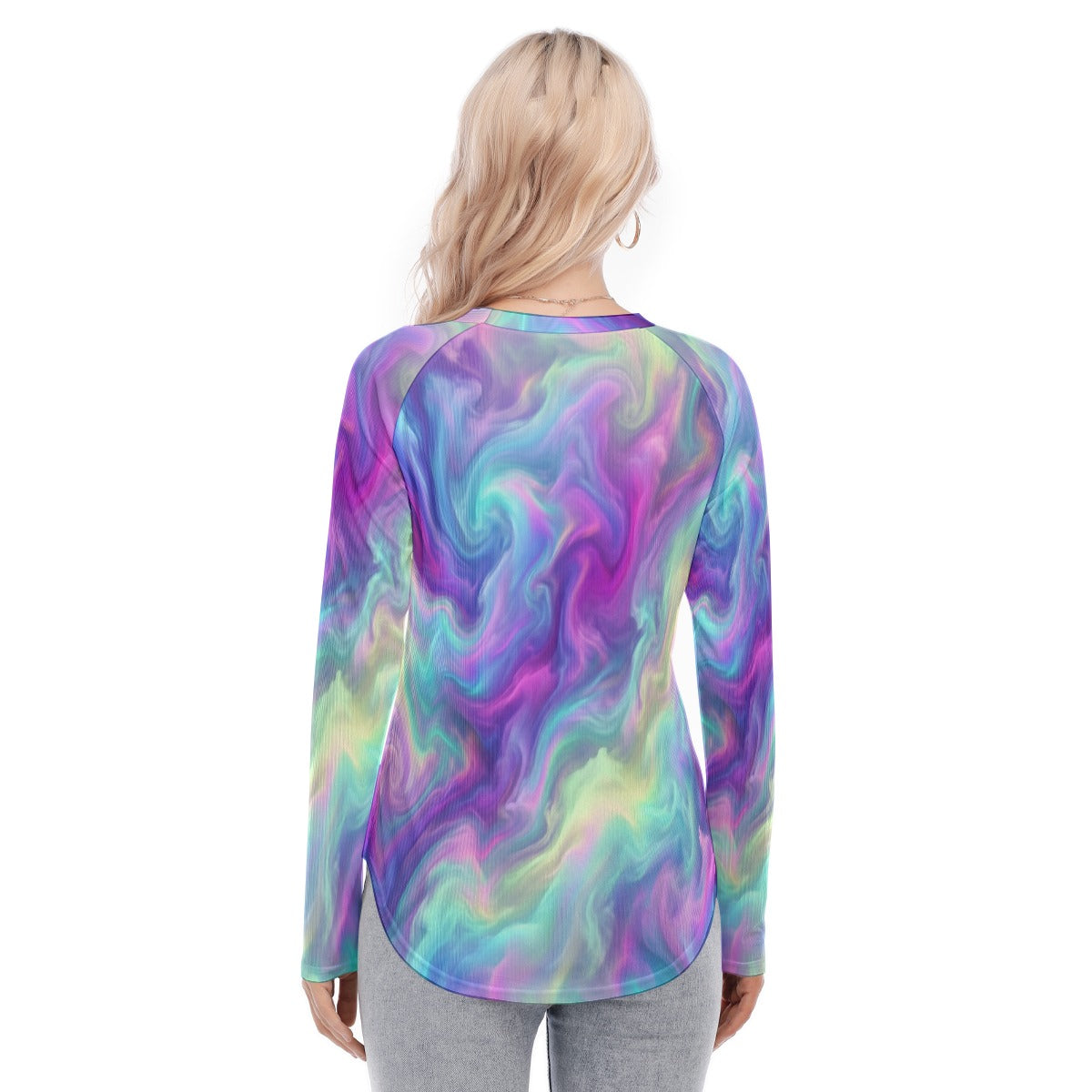 Women's Raglan Sleeves U-Shaped Hem Long Sleeves Blouse
