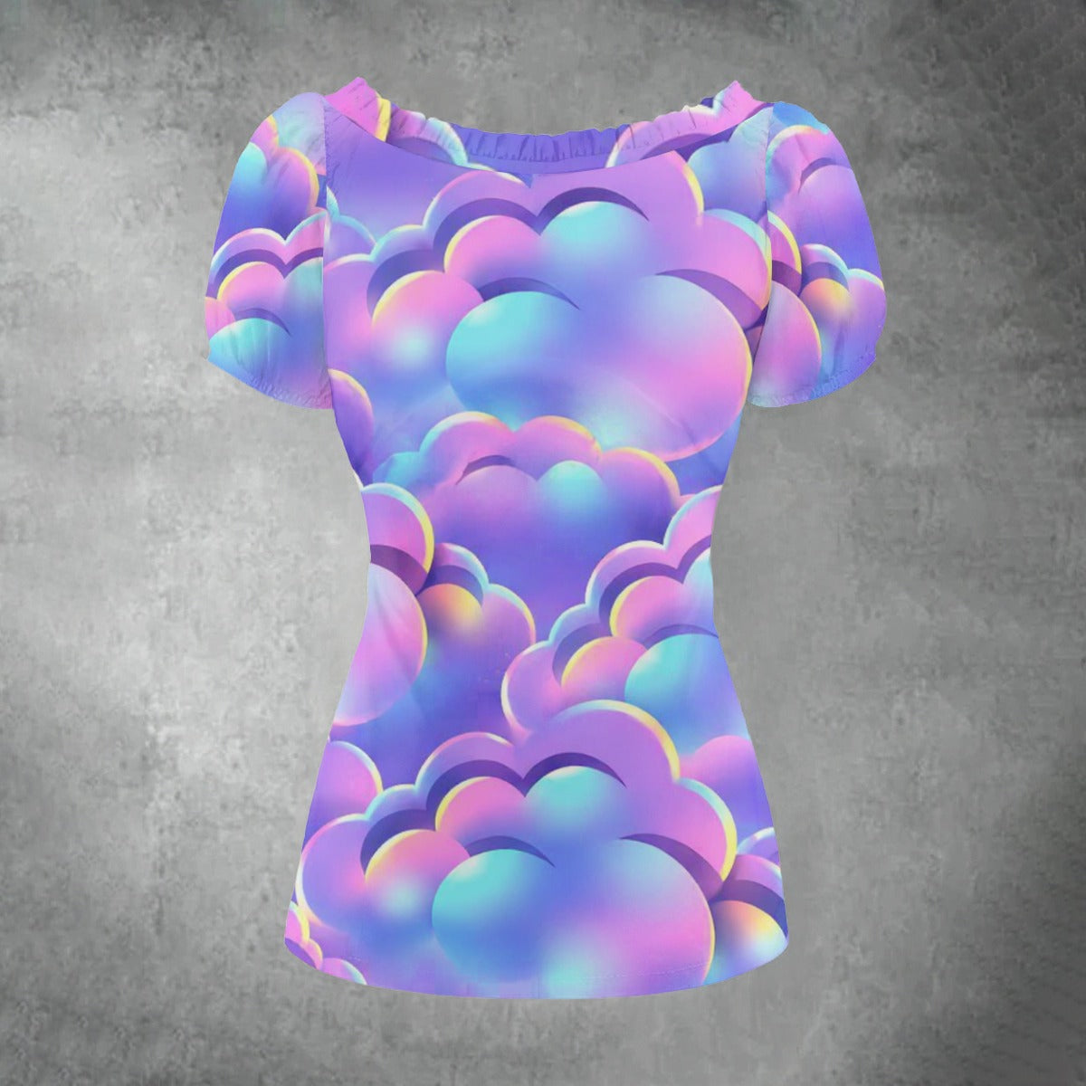 All-over print Women's Puff Sleeve Pleated Shirt