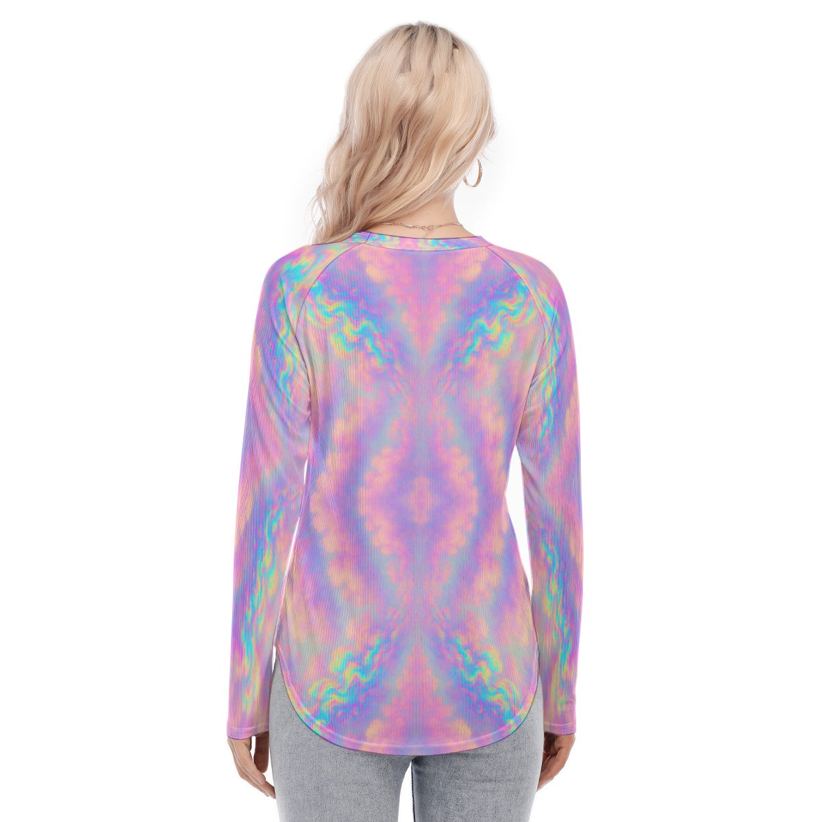 Women's Raglan Sleeves U-Shaped Hem Long Sleeves Blouse