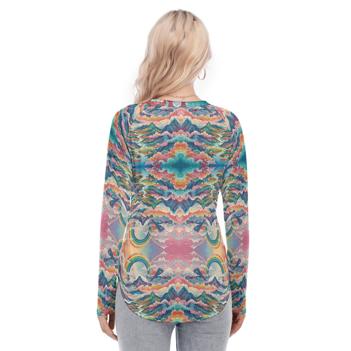 Women's Raglan Sleeves U-Shaped Hem Long Sleeves Blouse