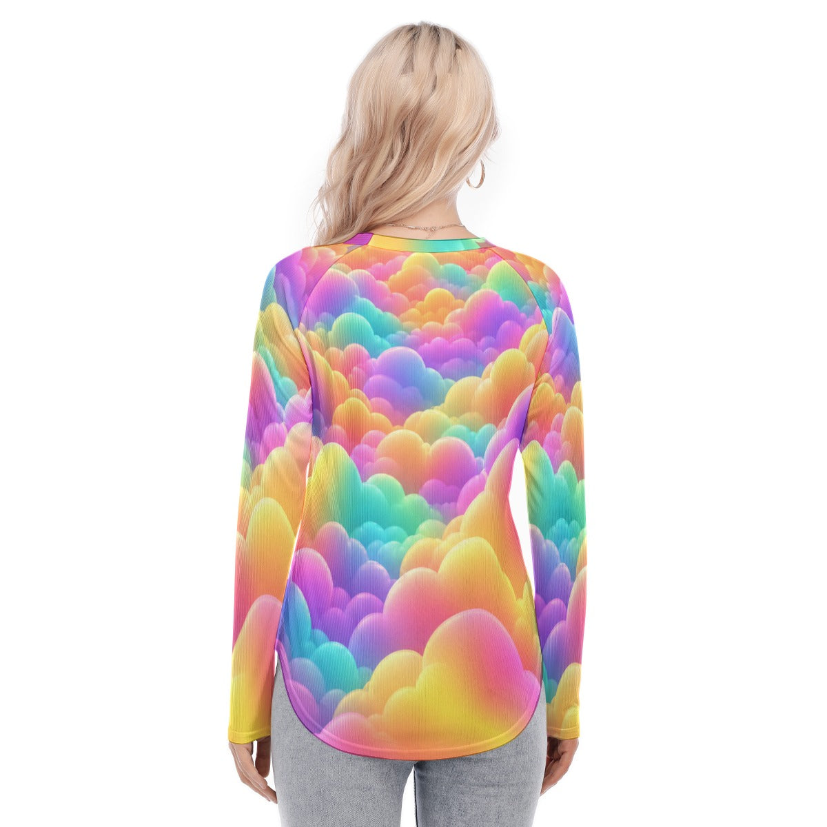 Women's Raglan Sleeves U-Shaped Hem Long Sleeves Blouse