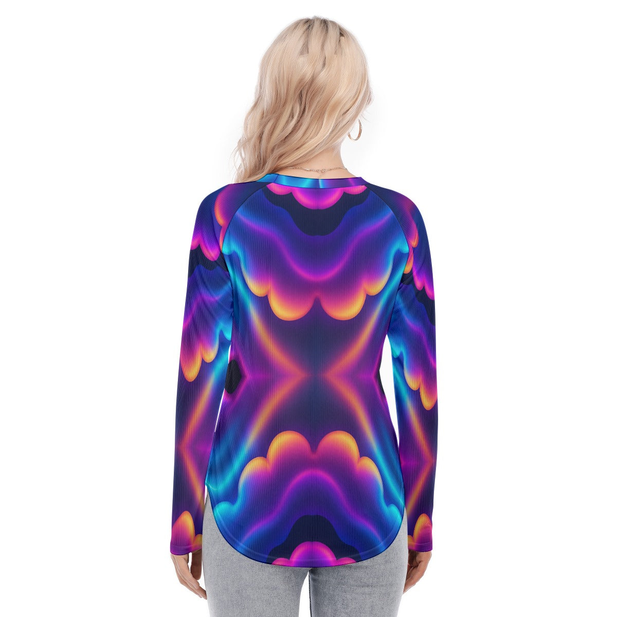 Women's Raglan Sleeves U-Shaped Hem Long Sleeves Blouse