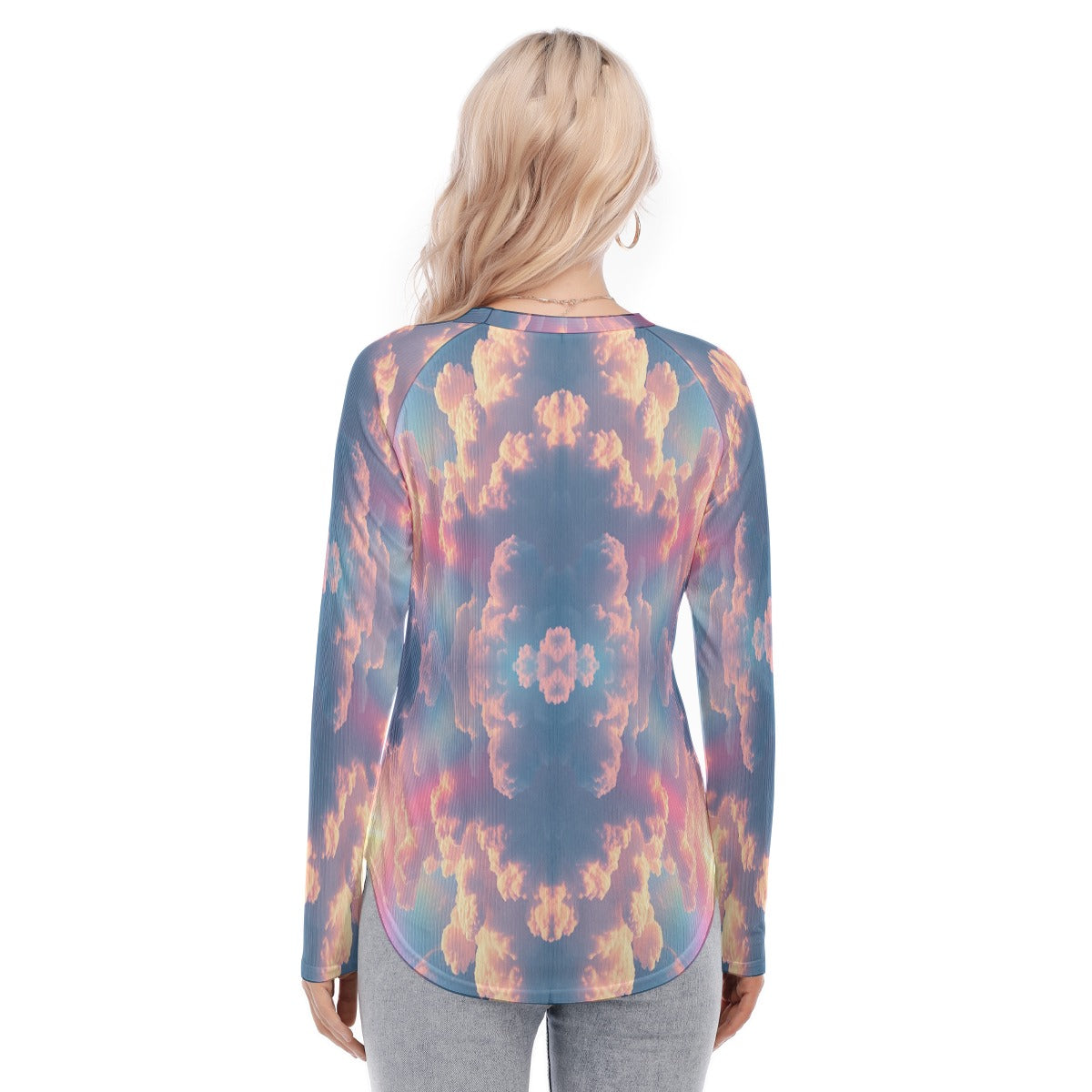 Women's Raglan Sleeves U-Shaped Hem Long Sleeves Blouse