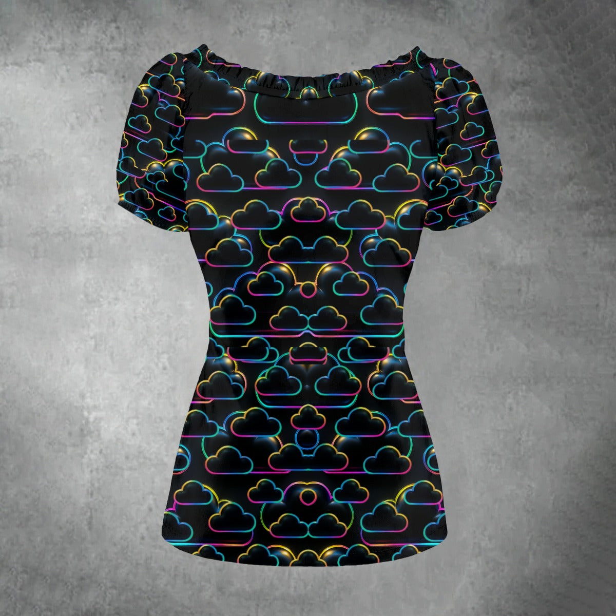 All-over print Women's Puff Sleeve Pleated Shirt
