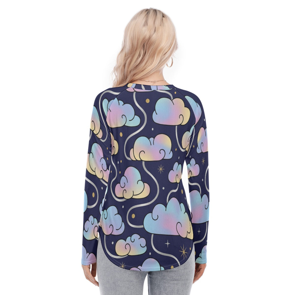 Women's Raglan Sleeves U-Shaped Hem Long Sleeves Blouse